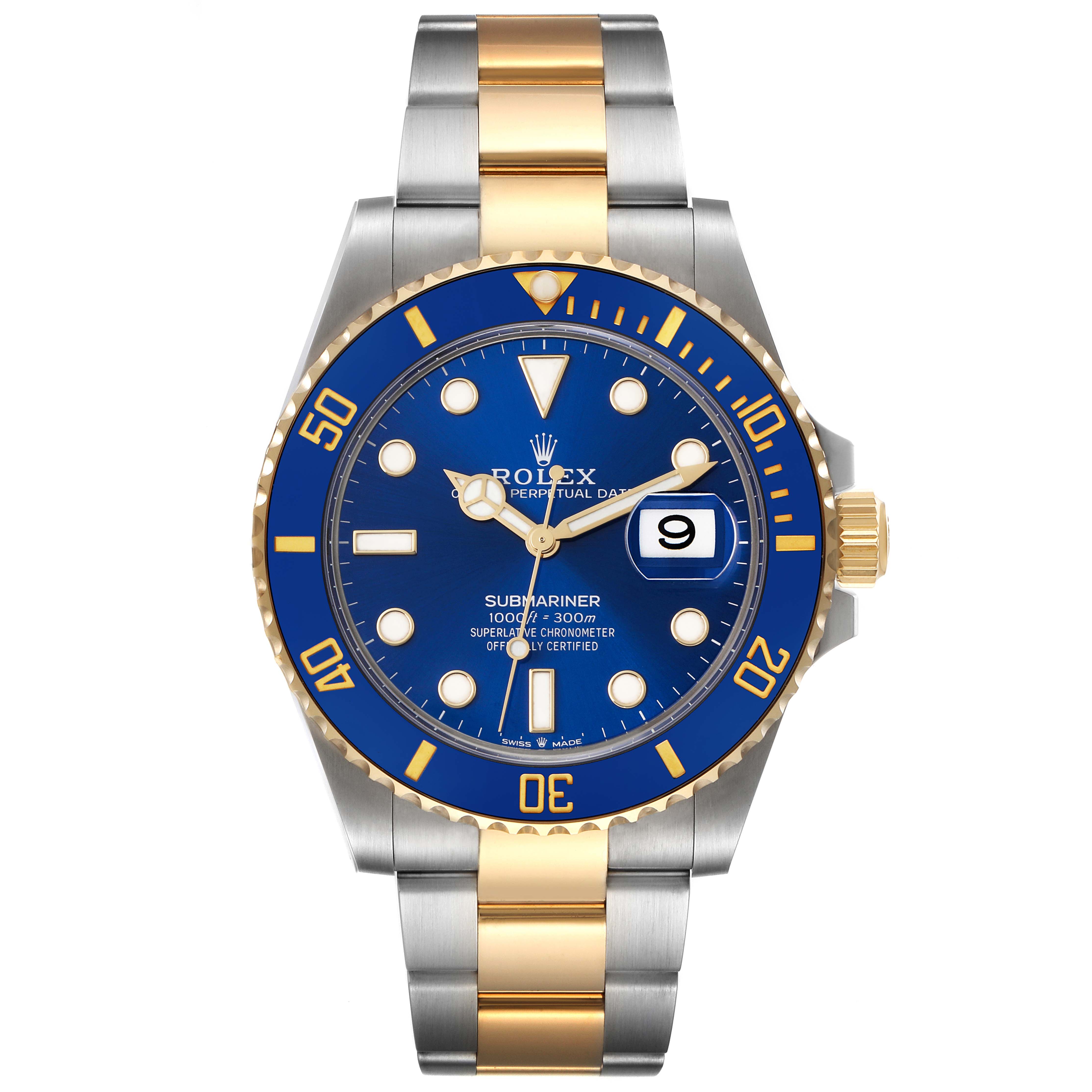The image shows a frontal view of a Rolex Submariner 126613 Men's Steel and Gold (two tone) Blue Dial 126613 Men's Steel and Gold (two tone) Blue Dial watch, displaying the dial, bezel, and part of the bracelet.