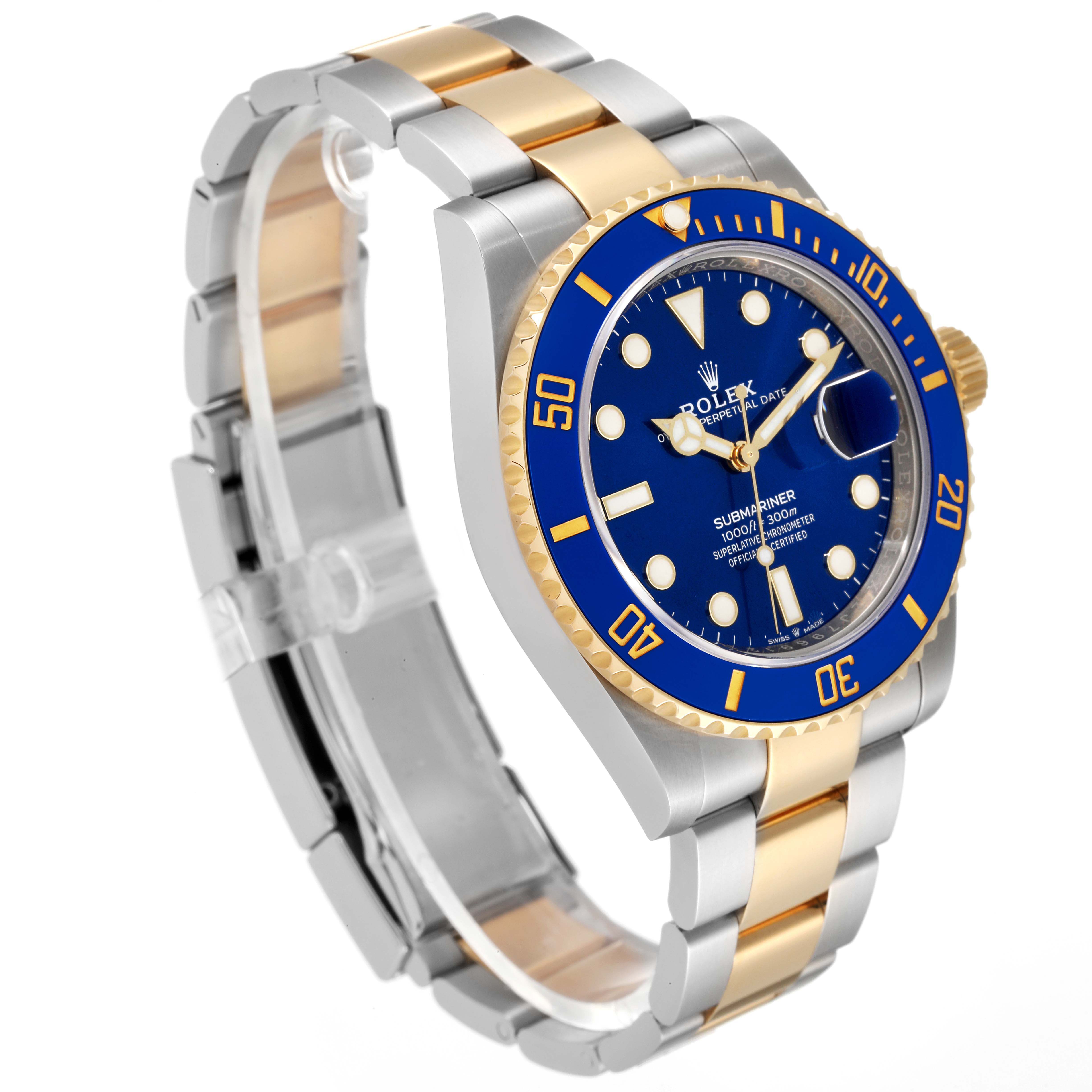 This image shows a Rolex Submariner 126613 Men's Steel and Gold (two tone) Blue Dial 126613 Men's Steel and Gold (two tone) Blue Dial watch at a side angle, highlighting the blue bezel, dial, and two-tone bracelet.