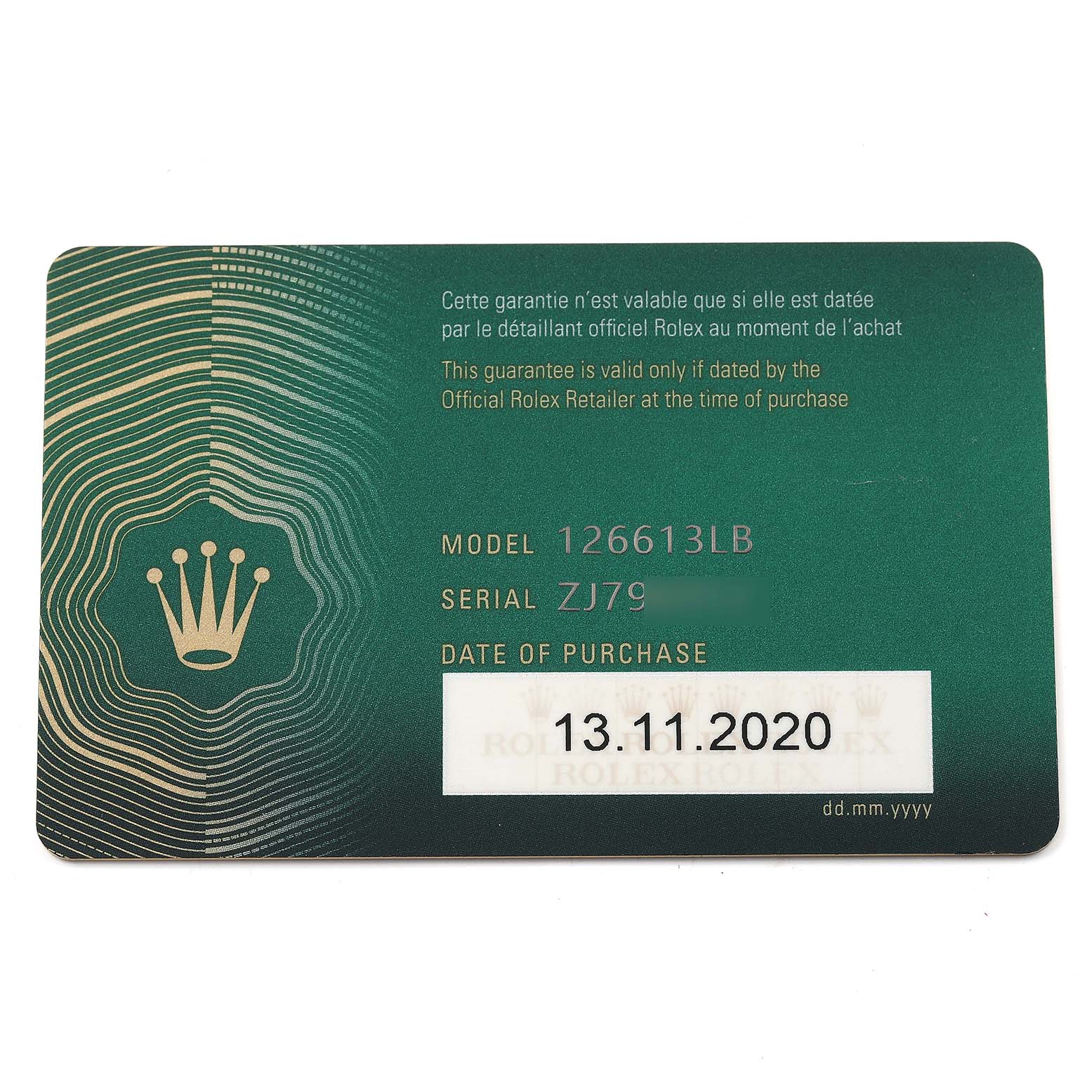 This is the guarantee card for a Rolex Submariner 126613 Men's Steel and Gold (two tone) Blue Dial 126613 Men's Steel and Gold (two tone) Blue Dial model 126613LB.