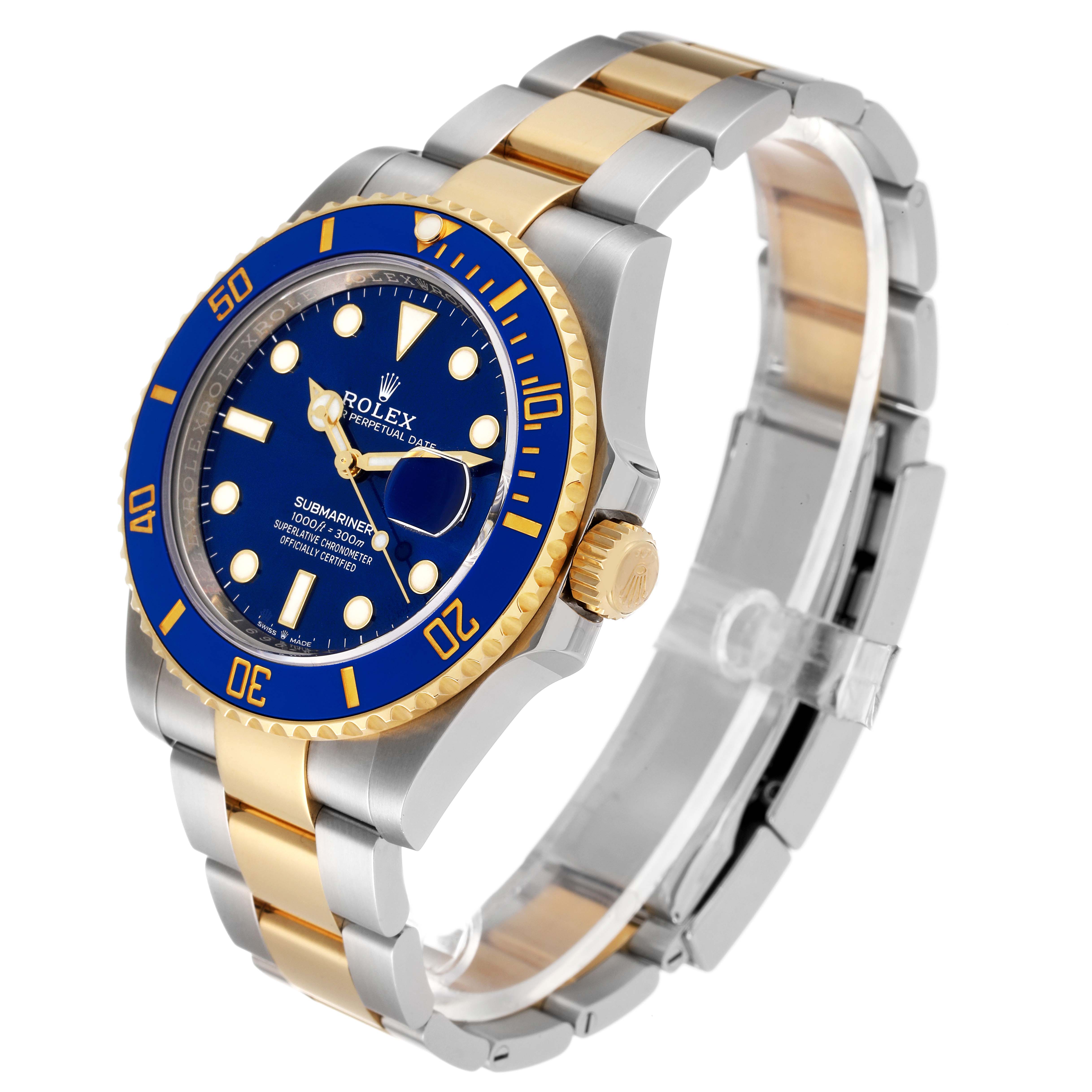 The Rolex Submariner 126613 Men's Steel and Gold (two tone) Blue Dial 126613 Men's Steel and Gold (two tone) Blue Dial watch is oriented at an angle showing its face, bezel, crown, and bracelet prominently.