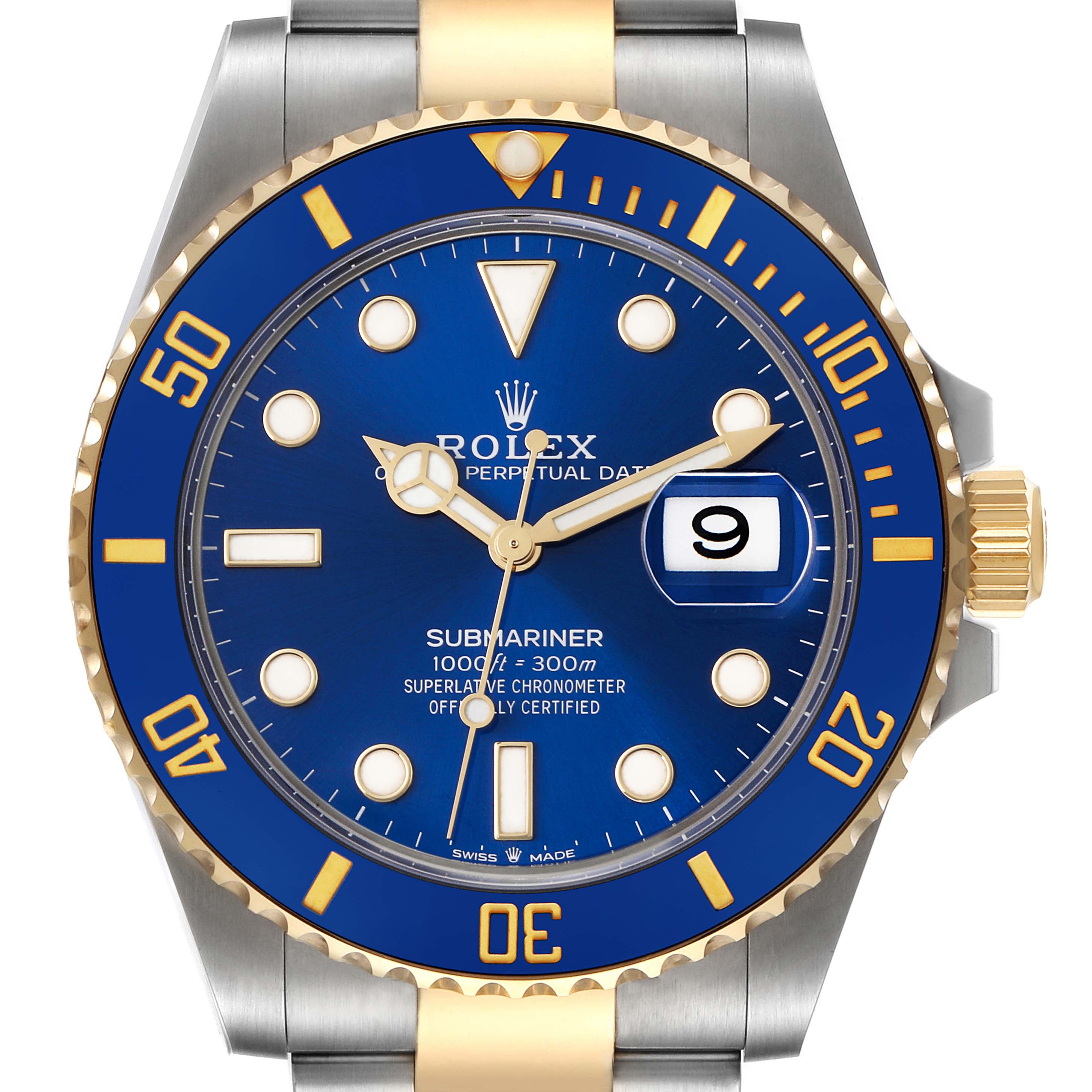 The image shows a front view of a Rolex Submariner 126613 Men's Steel and Gold (two tone) Blue Dial 126613 Men's Steel and Gold (two tone) Blue Dial watch, highlighting its blue dial, date display, and gold accents.
