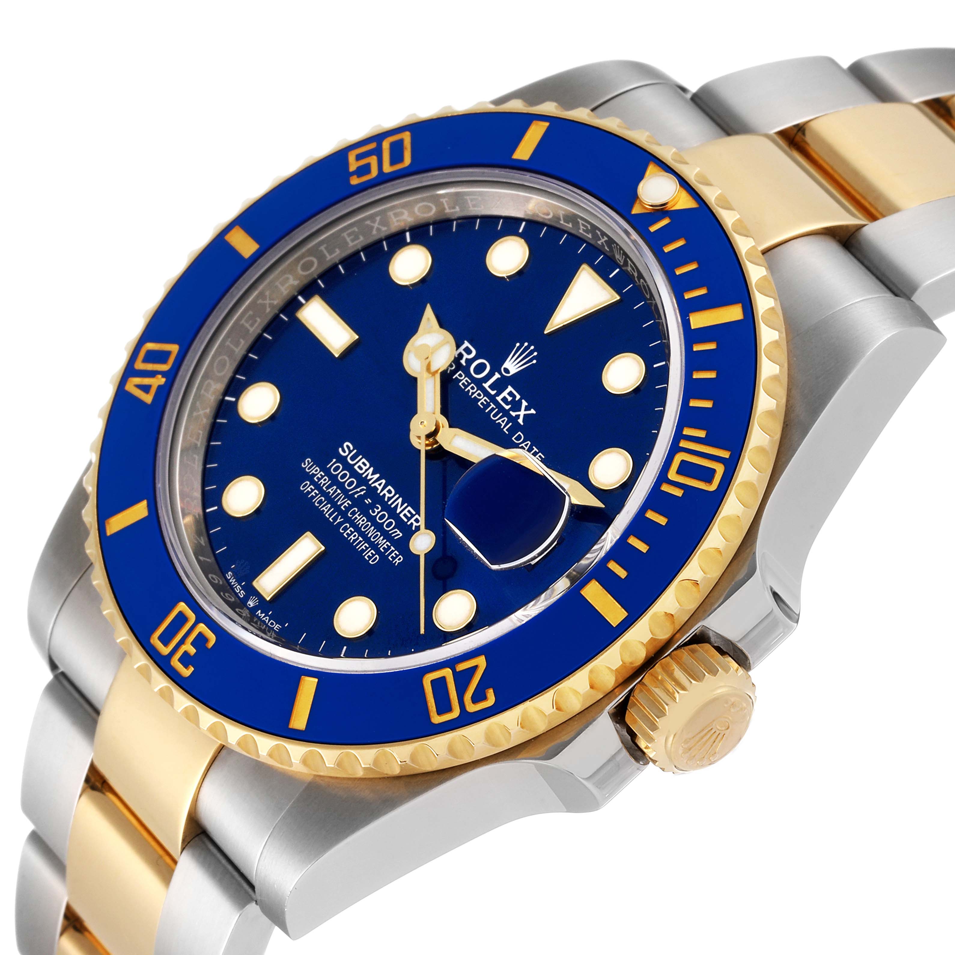 The image shows a side angle of a Rolex Submariner 126613 Men's Steel and Gold (two tone) Blue Dial 126613 Men's Steel and Gold (two tone) Blue Dial watch, highlighting the dial, bezel, bracelet, and crown.
