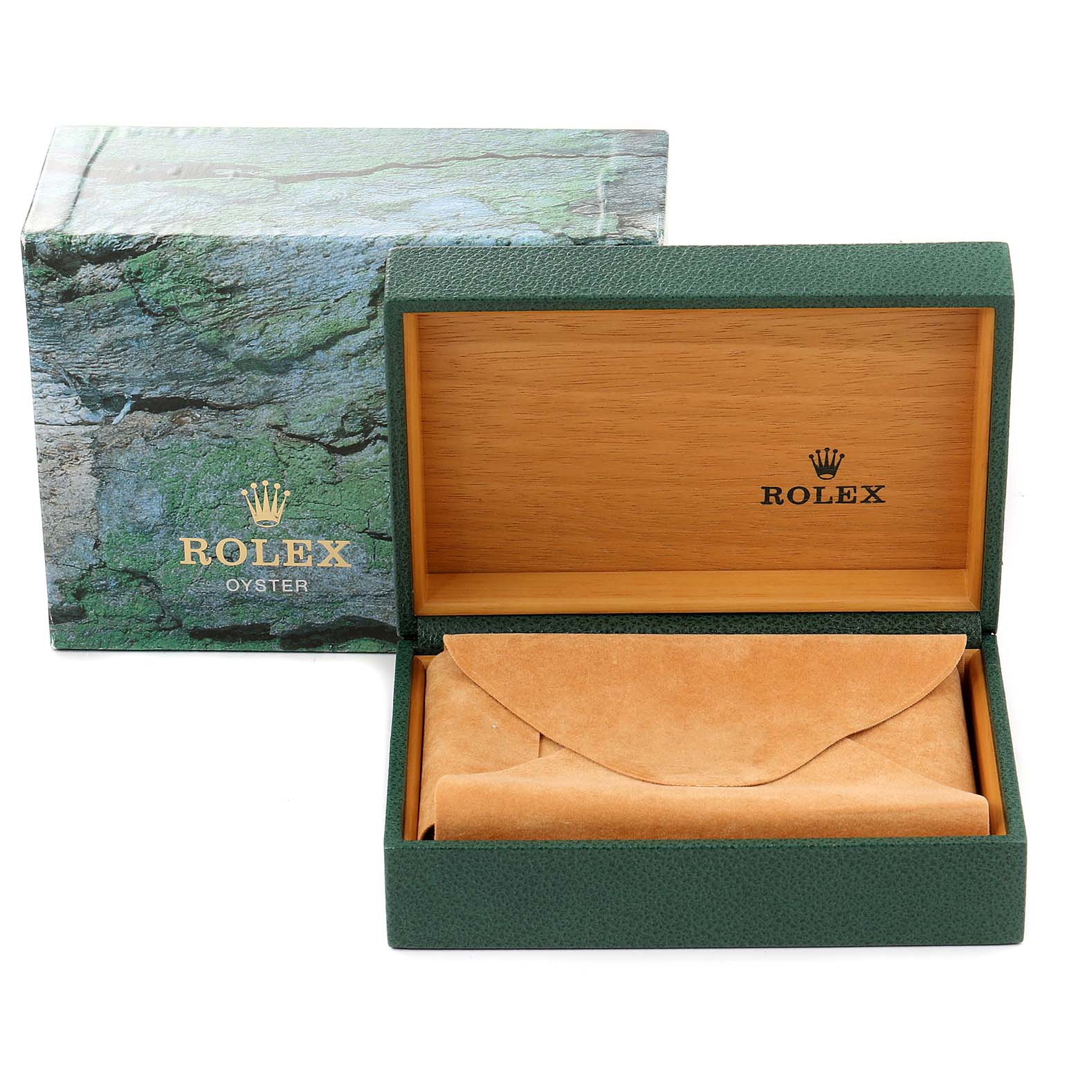 The image shows a Rolex Submariner 16610 Men
s Stainless Steel Black Dial 16610 Men
s Stainless Steel Black Dial watch box and pouch, partially open, revealing the interior wood and leather lining.