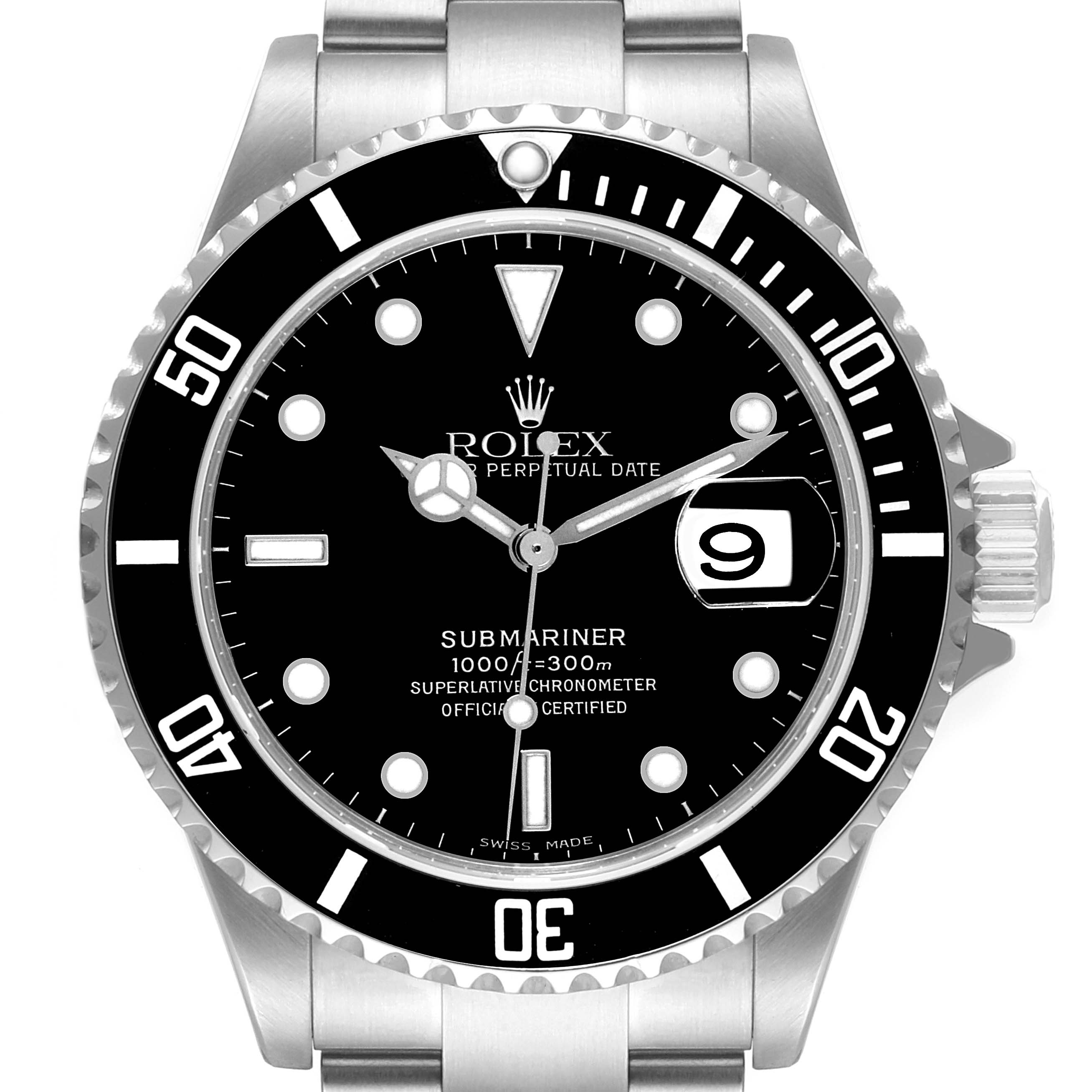 The image shows a front view of the Rolex Submariner 16610 Men
s Stainless Steel Black Dial 16610 Men
s Stainless Steel Black Dial watch, detailing its face, bezel, dial, and date window.