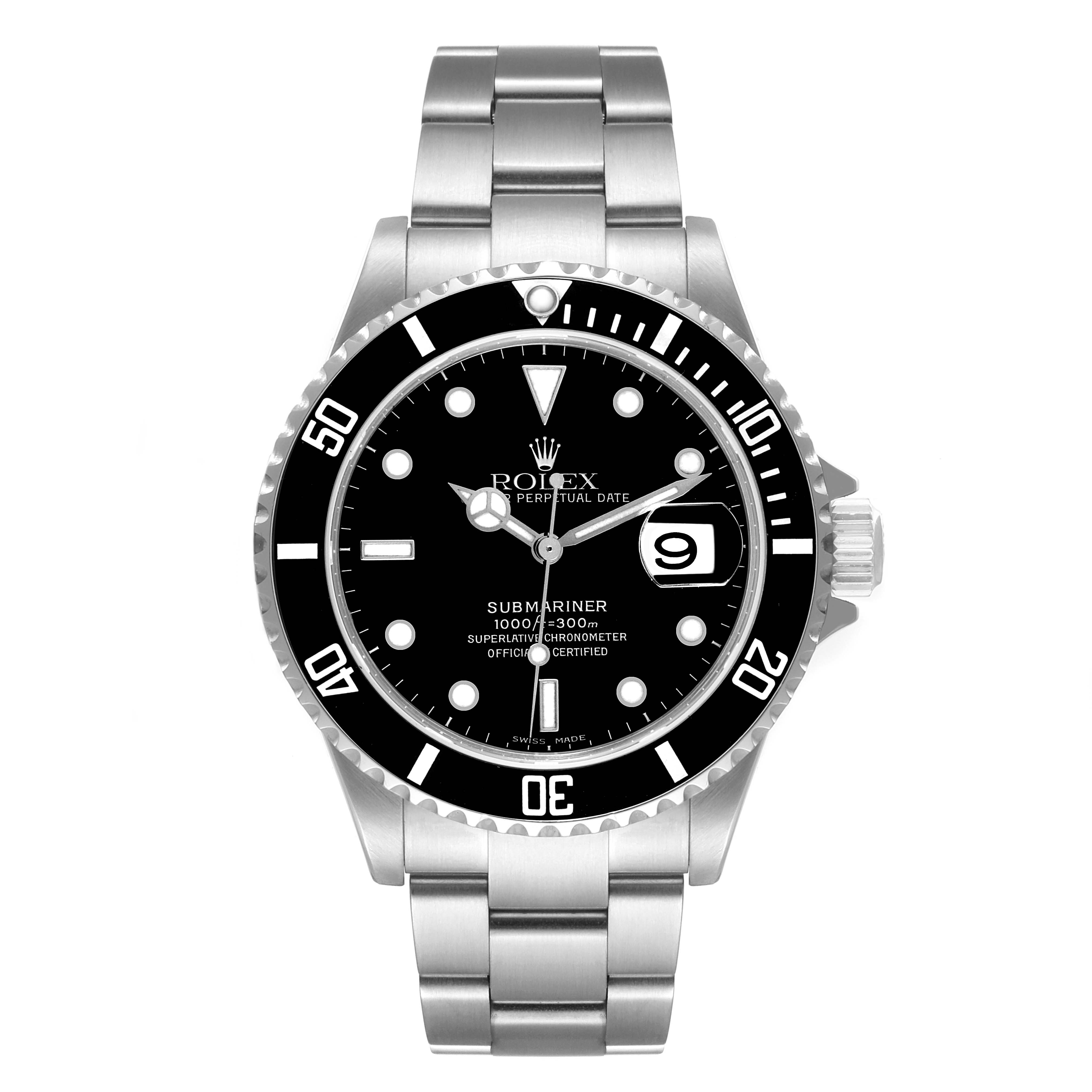 The image shows a front view of the Rolex Submariner 16610 Men
s Stainless Steel Black Dial 16610 Men
s Stainless Steel Black Dial watch, highlighting the dial, bezel, band, and crown.