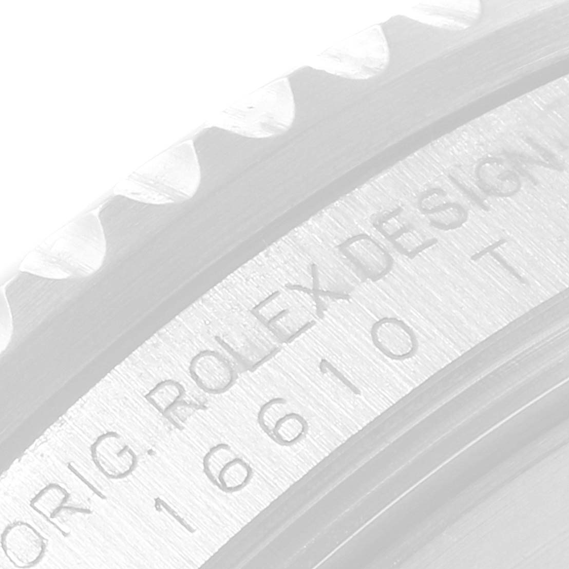 This image shows a close-up of the case and bezel of a Rolex Submariner 16610 Men
s Stainless Steel Black Dial 16610 Men
s Stainless Steel Black Dial watch, highlighting the engraved model number 16610.