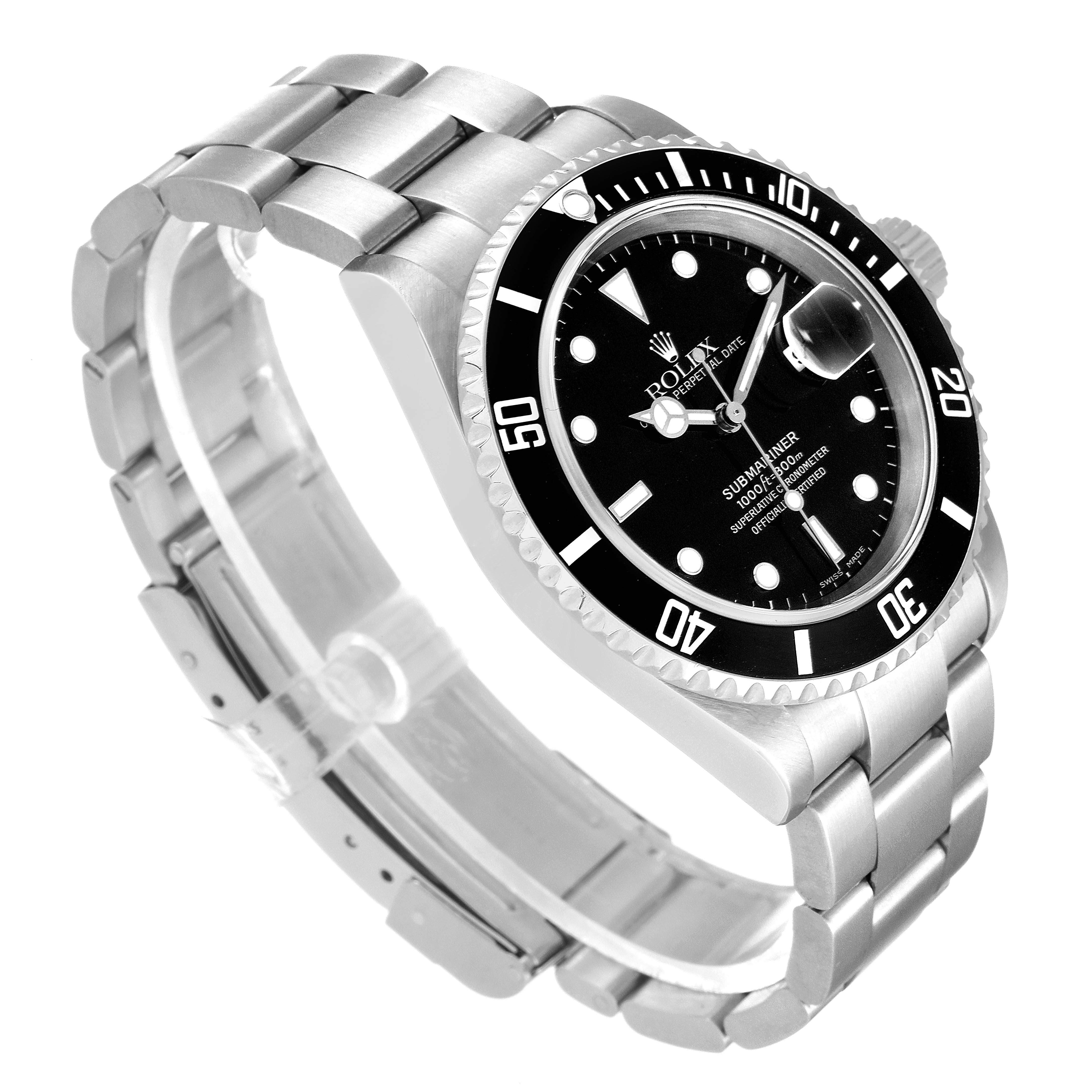 The image shows a Rolex Submariner 16610 Men
s Stainless Steel Black Dial 16610 Men
s Stainless Steel Black Dial watch from a side angle, highlighting its bezel, dial, and bracelet.
