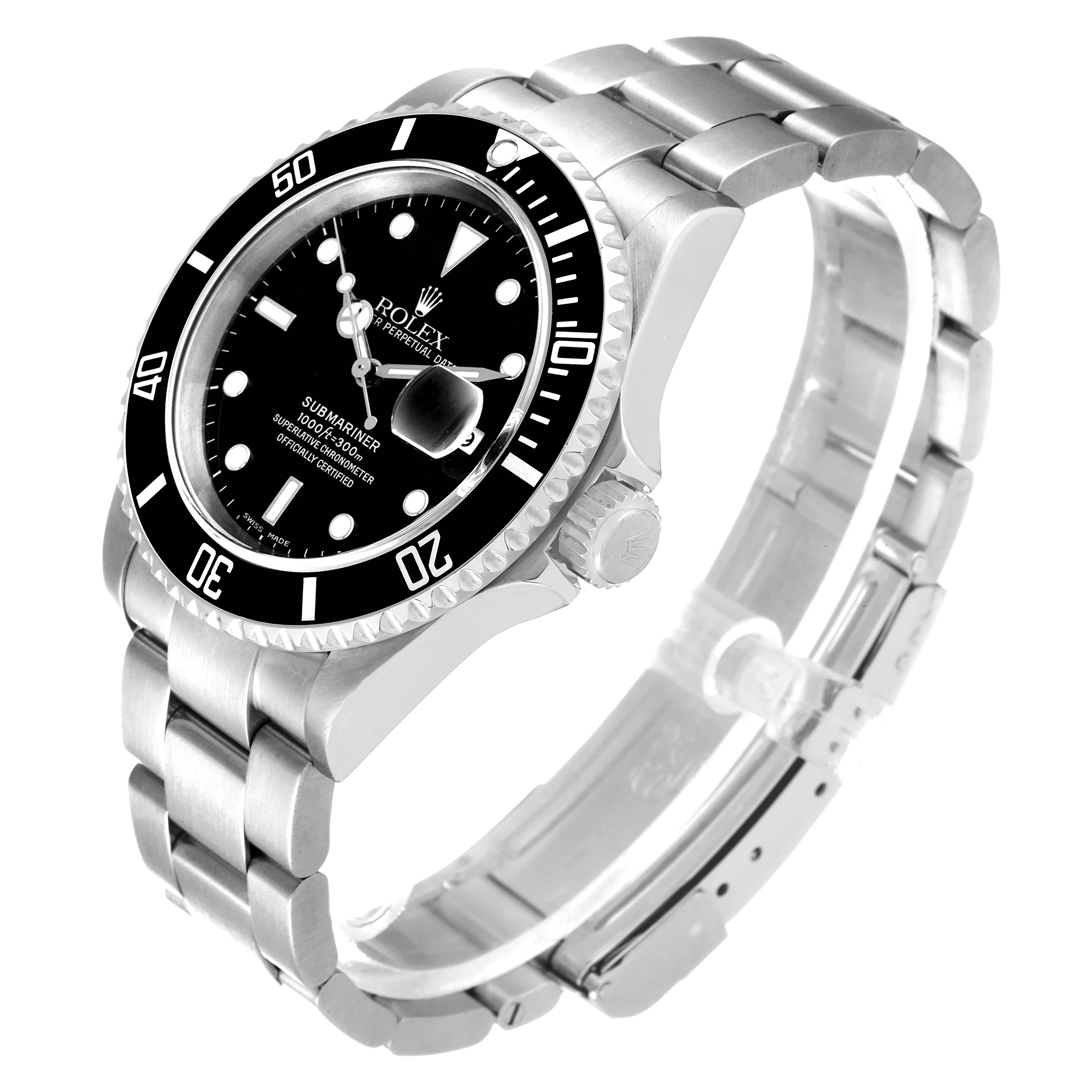 The image shows a Rolex Submariner 16610 Men
s Stainless Steel Black Dial 16610 Men
s Stainless Steel Black Dial watch at a slight side angle, highlighting its face, bezel, crown, and steel bracelet.