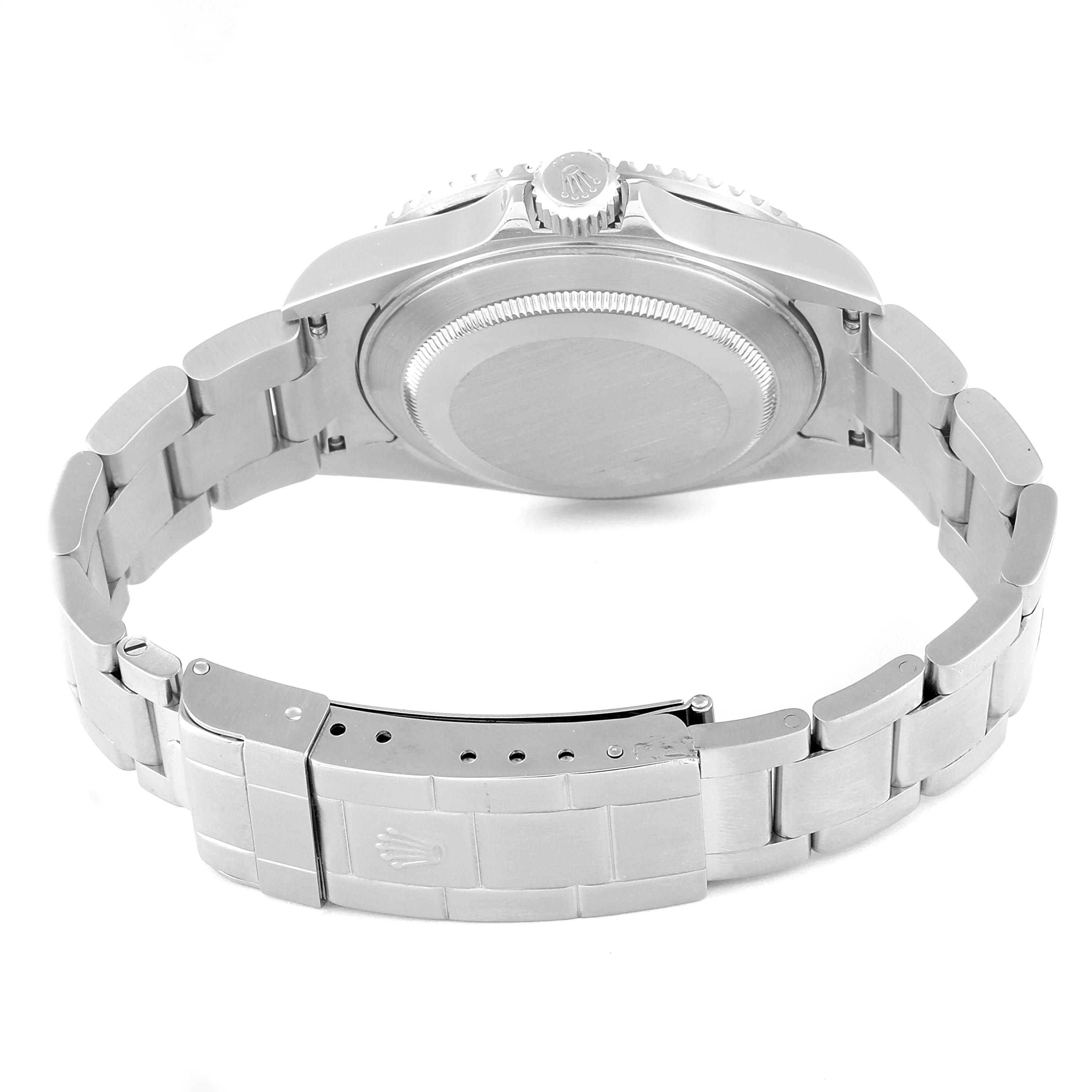 The image shows the case back and bracelet of a Rolex Submariner 16610 Men
s Stainless Steel Black Dial 16610 Men
s Stainless Steel Black Dial watch from a rear angle.