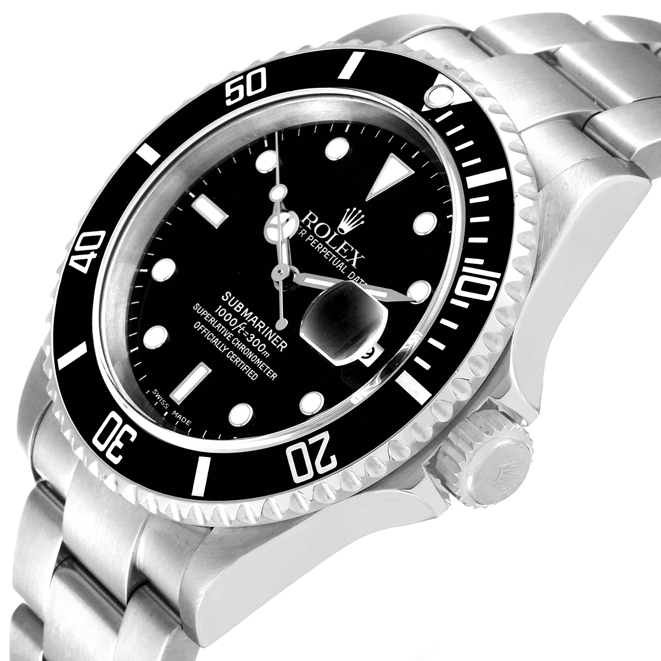 The image shows a close-up, angled view of the Rolex Submariner 16610 Men
s Stainless Steel Black Dial 16610 Men
s Stainless Steel Black Dial watch, highlighting the bezel, dial, crown, and part of the bracelet.
