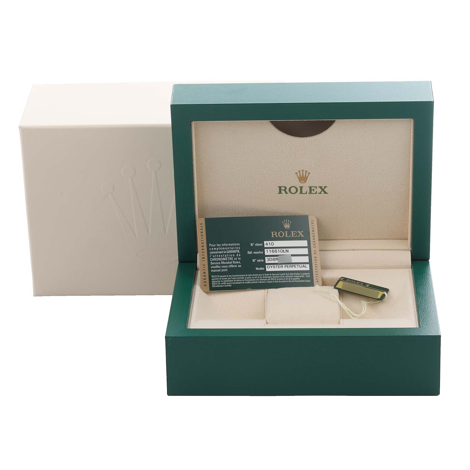 The image shows a Rolex Submariner 116610LN Men's Stainless Steel Black Dial 116610LN Men's Stainless Steel Black Dial box, warranty card, and tag from a front angle, highlighting the accessories.