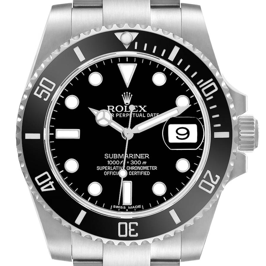 The image shows a front view of a Rolex Submariner, displaying the dial, bezel, and part of the bracelet.