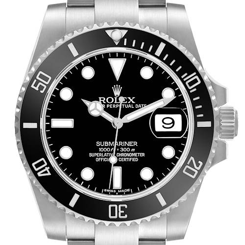 The Rolex Submariner is shown from the front, highlighting the dial, bezel, and part of the bracelet.