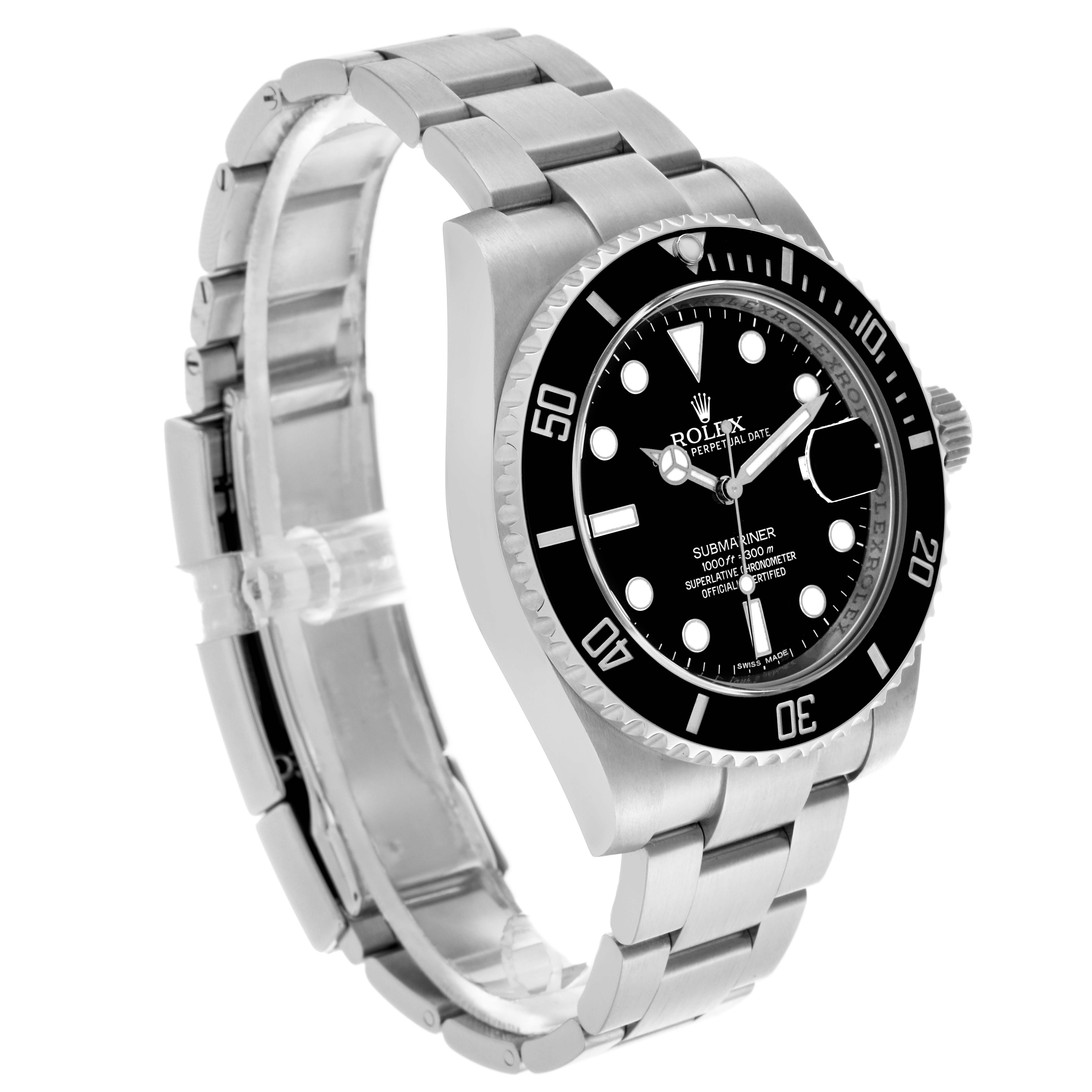 The Rolex Submariner 116610LN Men's Stainless Steel Black Dial 116610LN Men's Stainless Steel Black Dial watch is displayed at an angled side view, showing the face, bezel, bracelet, and crown.