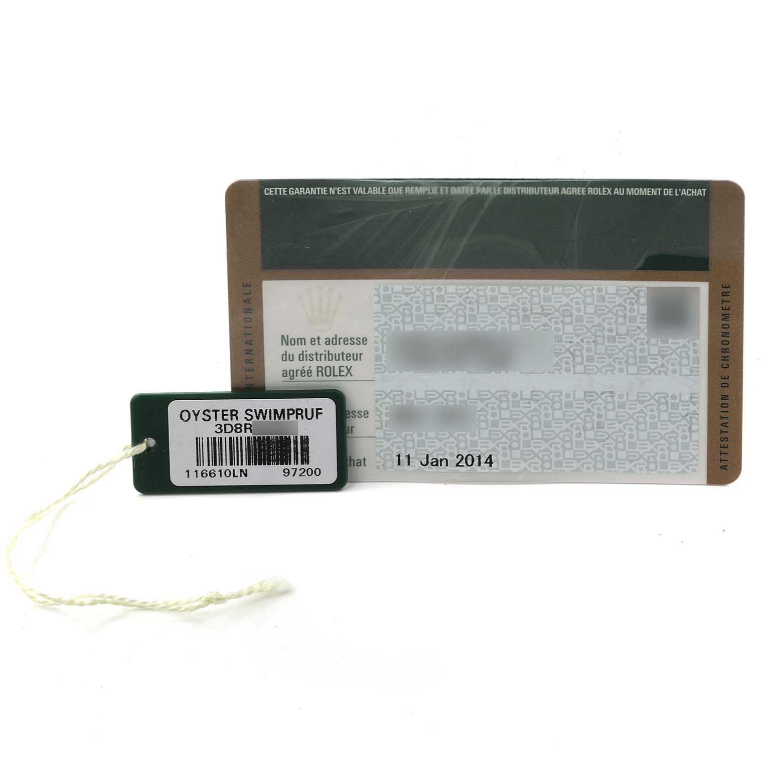 The image shows a warranty card and hang tag for a Rolex Submariner 116610LN Men's Stainless Steel Black Dial 116610LN Men's Stainless Steel Black Dial watch, with model details visible.