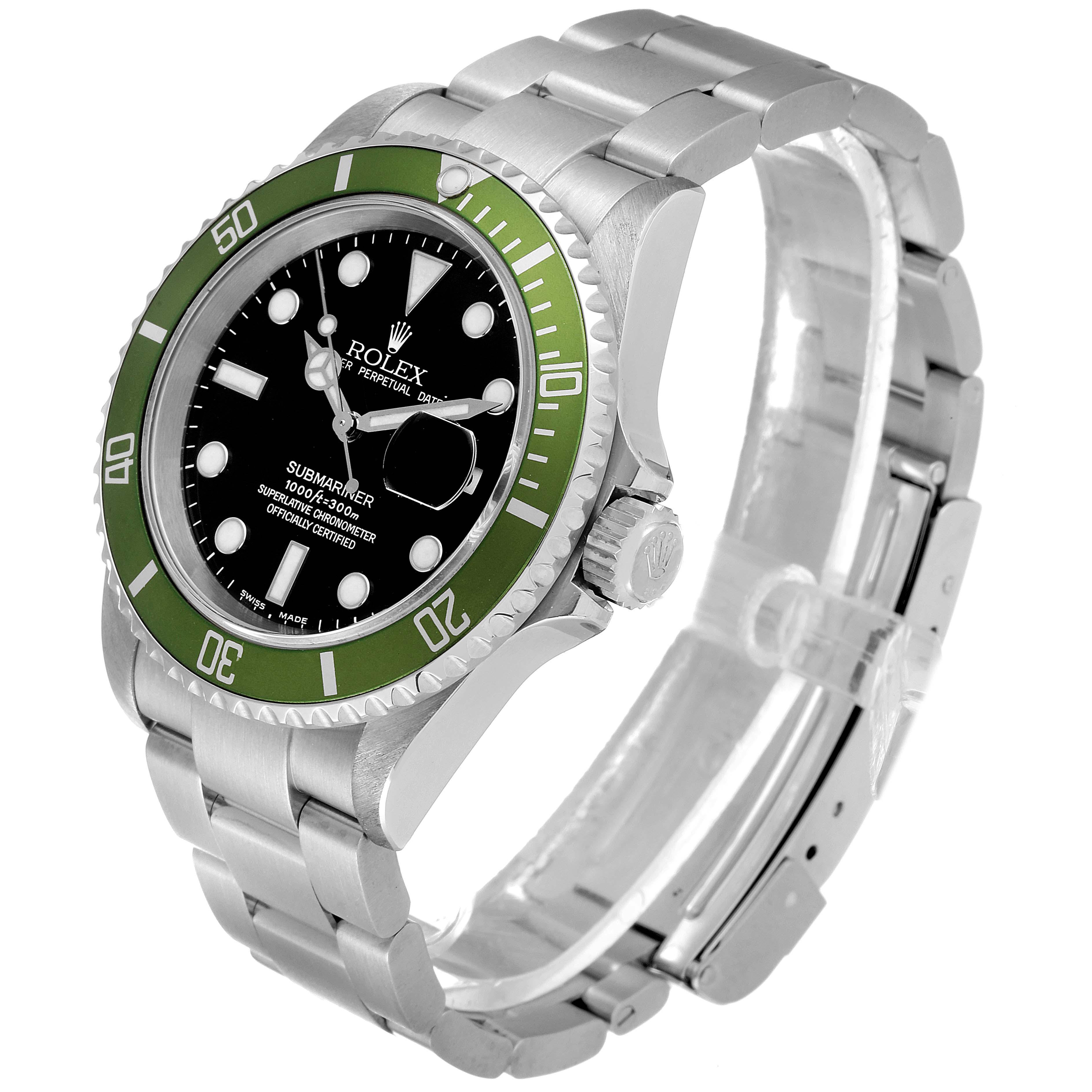 This image shows a Rolex Submariner 16610LV Men's Stainless Steel Black Dial 16610LV Men's Stainless Steel Black Dial watch at a three-quarter angle, highlighting its green bezel, black dial, and stainless steel bracelet.