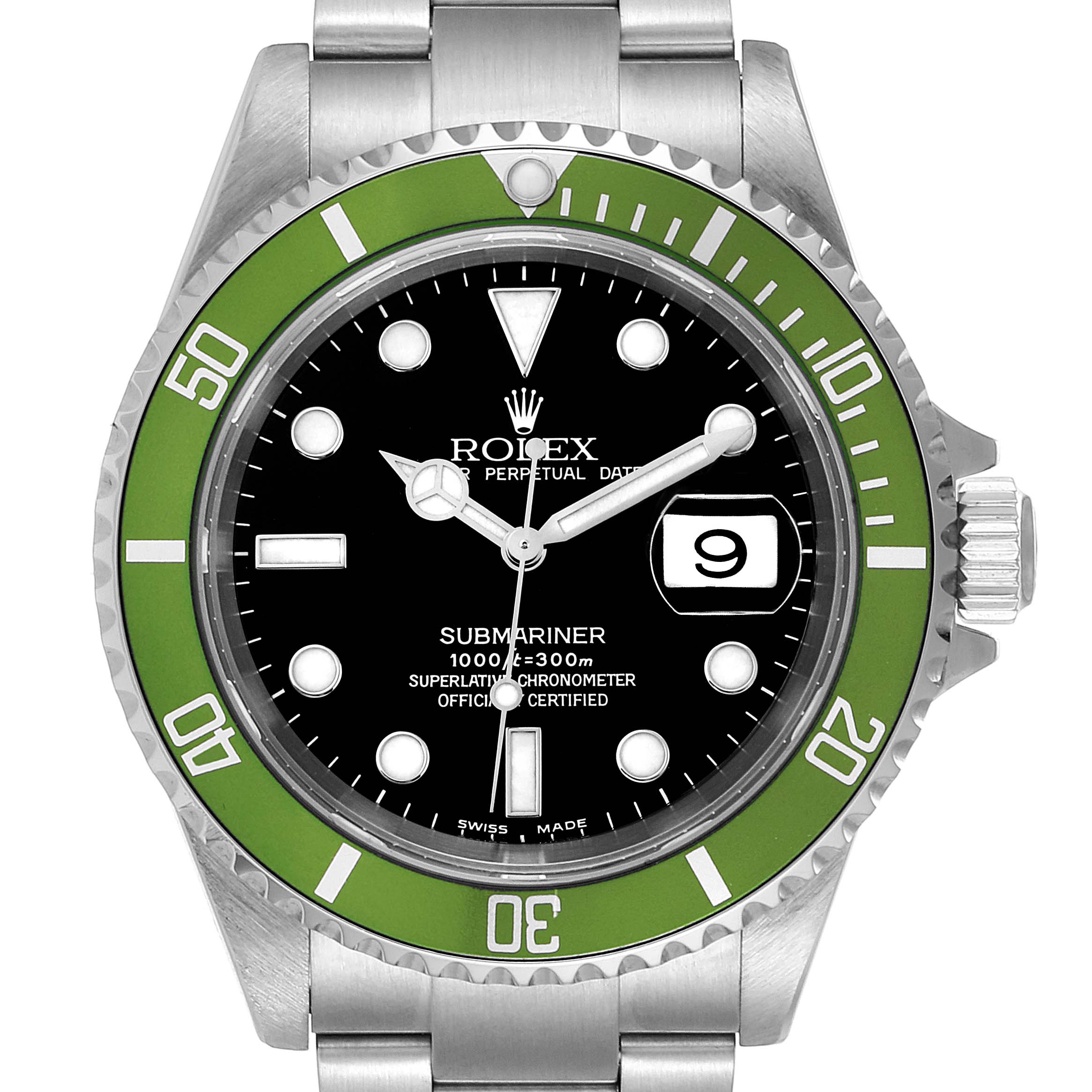 This image shows a front view of a Rolex Submariner 16610LV Men's Stainless Steel Black Dial 16610LV Men's Stainless Steel Black Dial watch, highlighting its green bezel, black dial, and date window at 3 o'clock.