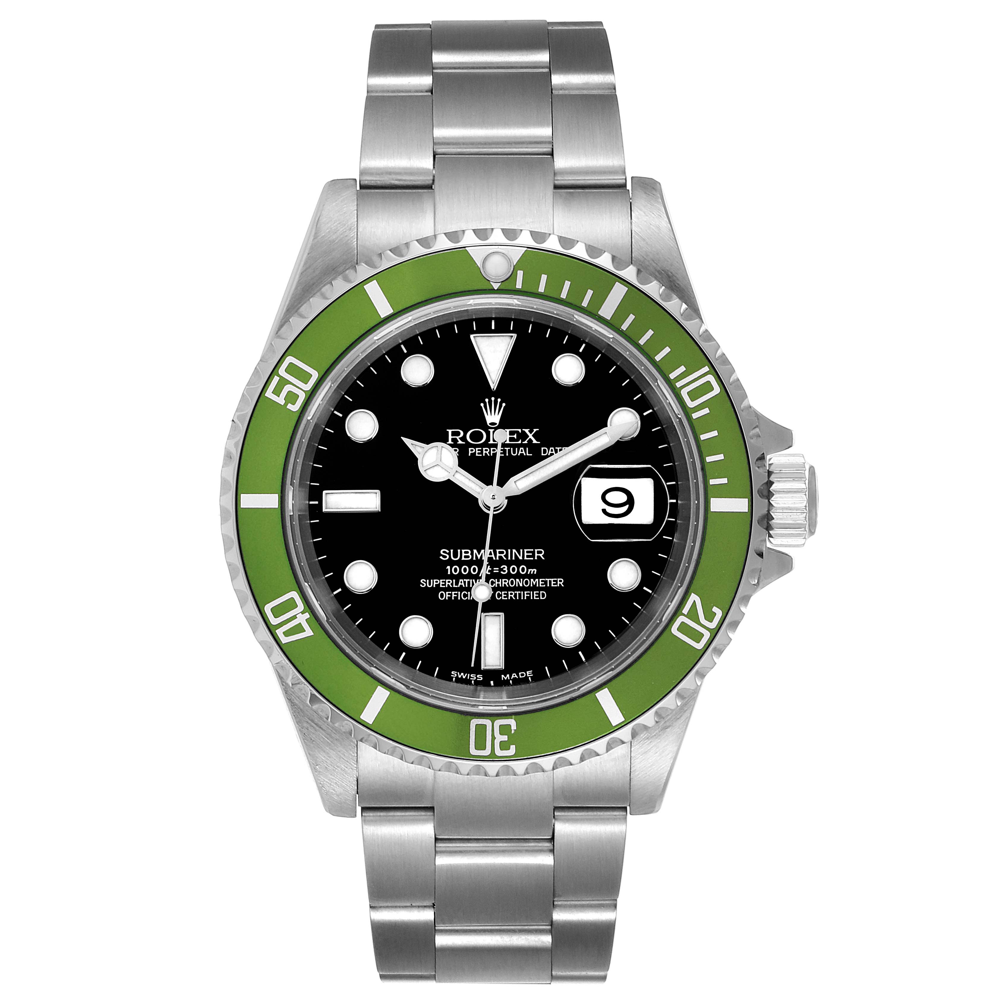 The image shows a front view of the Rolex Submariner 16610LV Men's Stainless Steel Black Dial 16610LV Men's Stainless Steel Black Dial watch, highlighting its face, bezel, and bracelet.