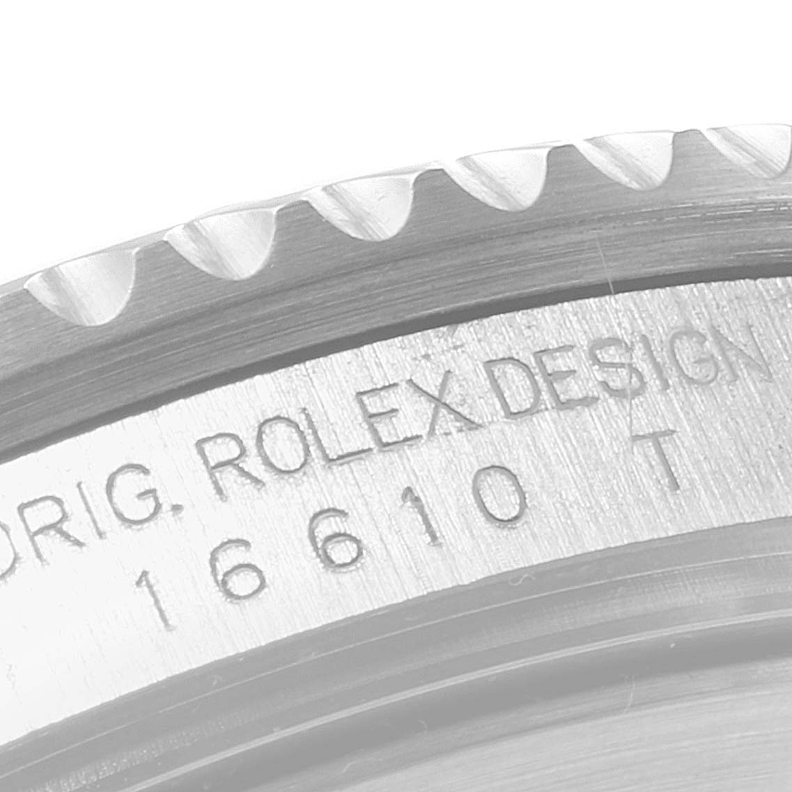 This image shows a close-up of the bezel and engraved reference number of the Rolex Submariner 16610LV Men's Stainless Steel Black Dial 16610LV Men's Stainless Steel Black Dial.