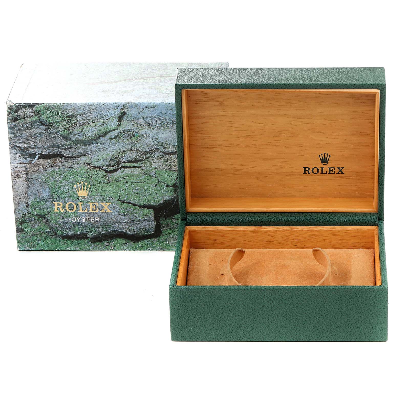 This image shows an open Rolex Submariner 16610LV Men's Stainless Steel Black Dial 16610LV Men's Stainless Steel Black Dial watch box in green with a cardboard outer box in the background.