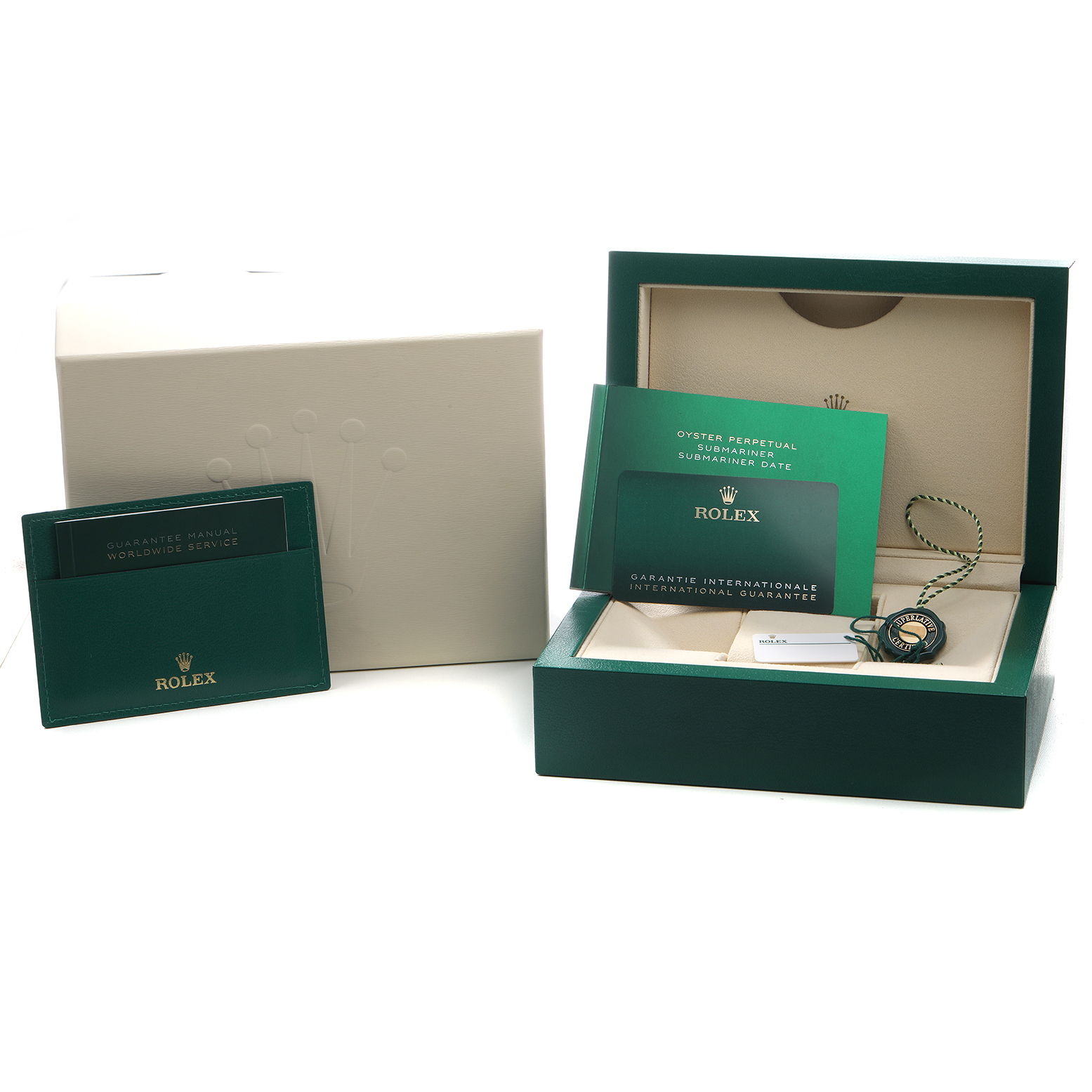 The image shows the packaging and accessories for a Rolex Submariner 126610 Men's Stainless Steel Black Dial, including the box, warranty card, and manual.