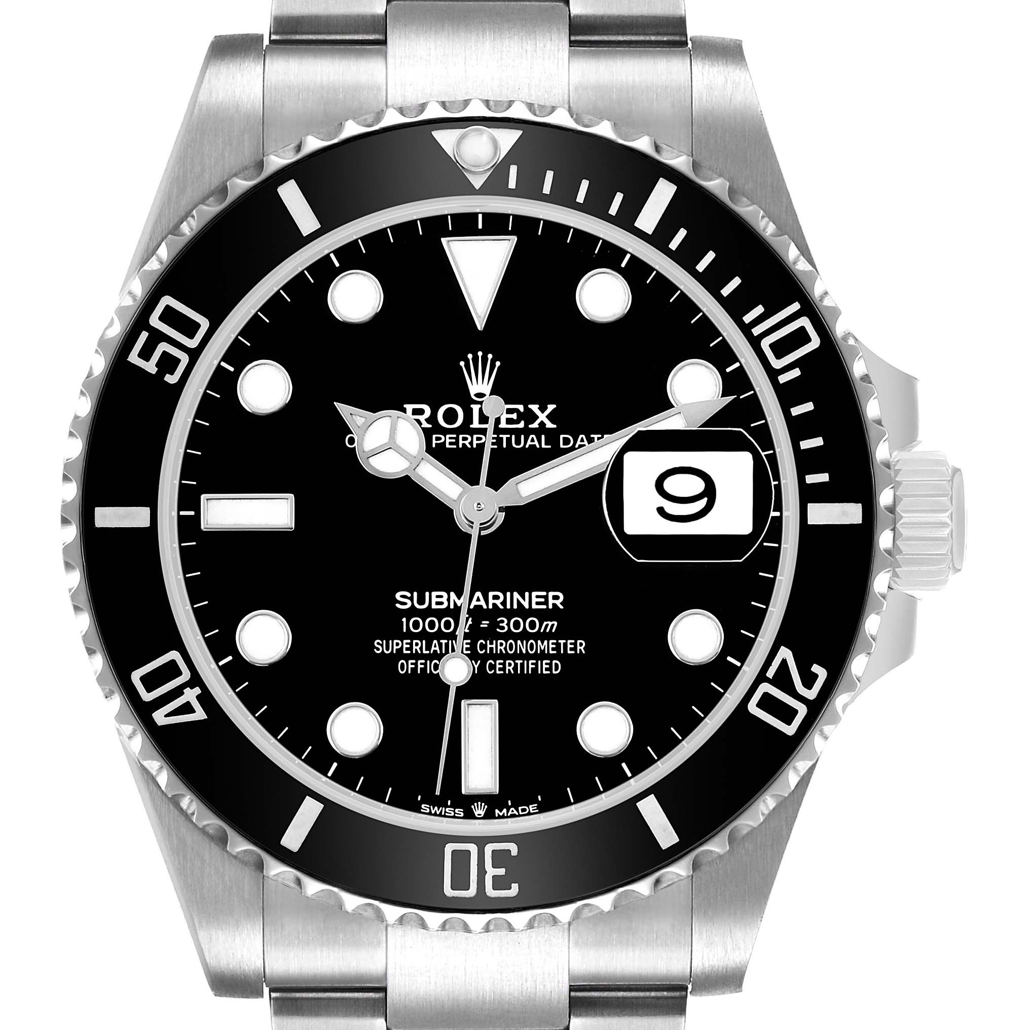 The image shows a front view of a Rolex Submariner 126610 Men's Stainless Steel Black Dial watch, highlighting the dial, bezel, and bracelet.