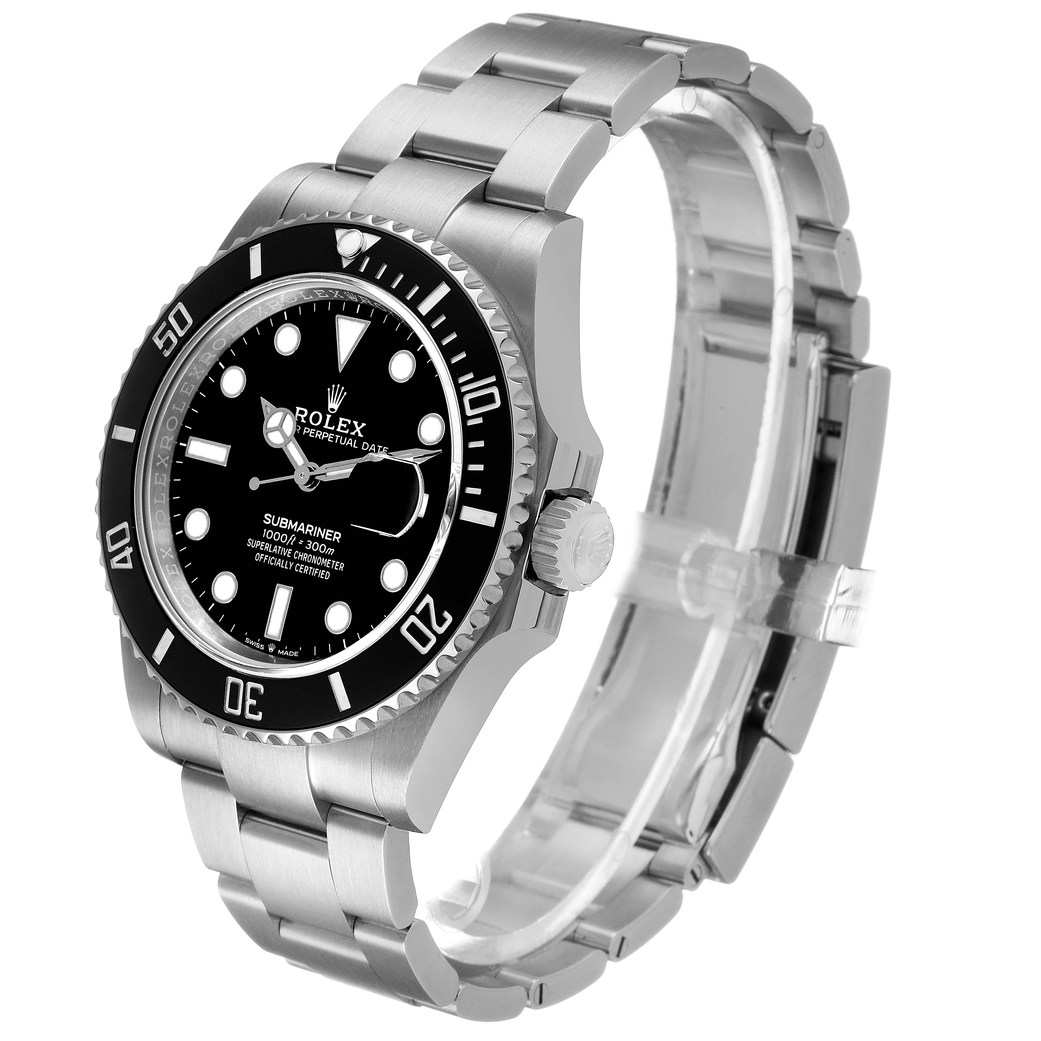 The Rolex Submariner 126610 Men's Stainless Steel Black Dial watch is shown at a three-quarter angle, displaying the face, bezel, crown, and metal bracelet.