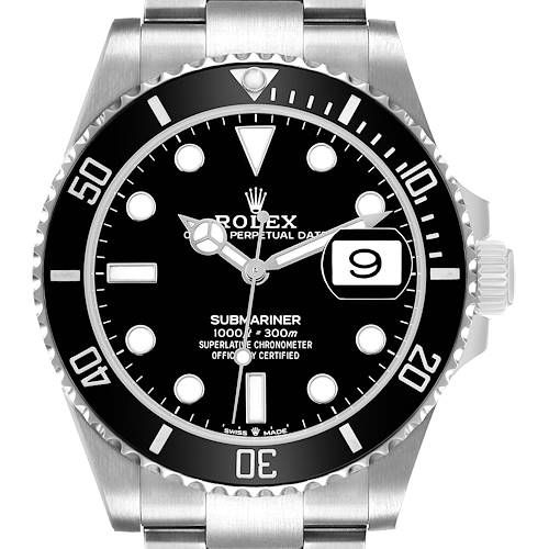 The Rolex Submariner 126610 Men's Stainless Steel Black Dial watch is shown from a top-down angle, displaying its face, bezel, and part of the bracelet.
