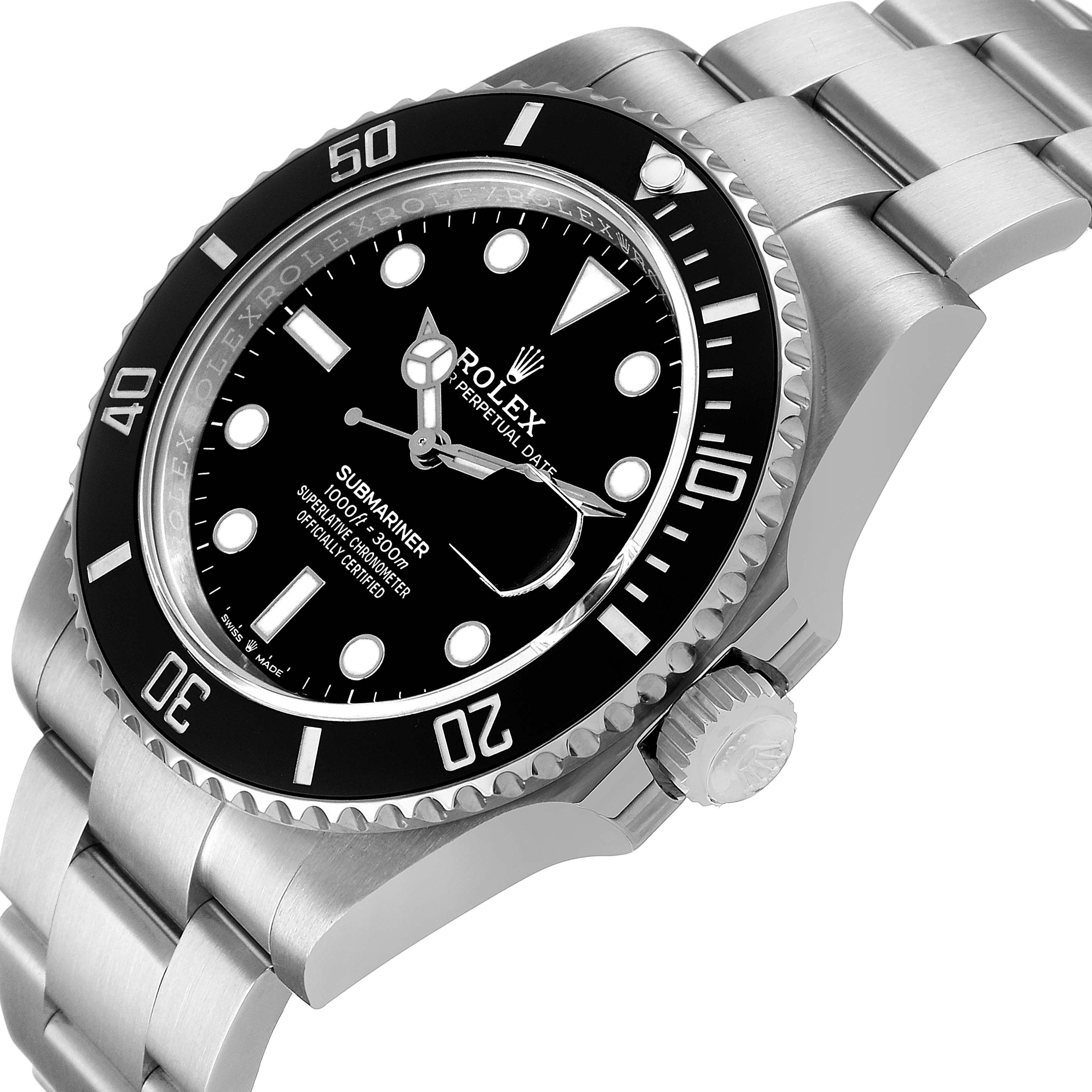The image shows a side angle of the Rolex Submariner 126610 Men's Stainless Steel Black Dial, highlighting the bezel, dial, and bracelet.