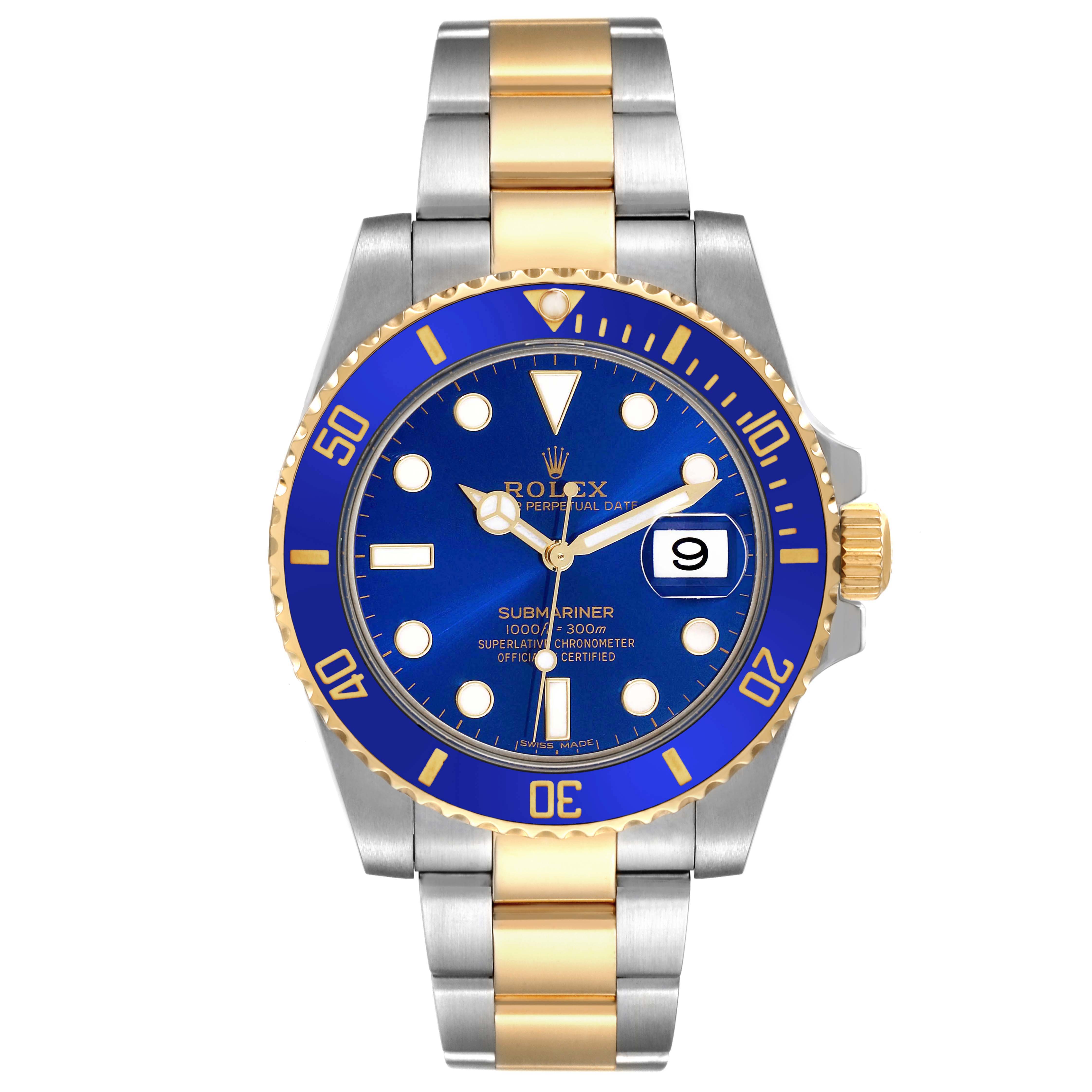 This image shows a front view of a Rolex Submariner 116613 Men's Steel and Gold (two tone) Blue Dial 116613 Men's Steel and Gold (two tone) Blue Dial watch, highlighting the blue dial, two-tone bracelet, and date window.