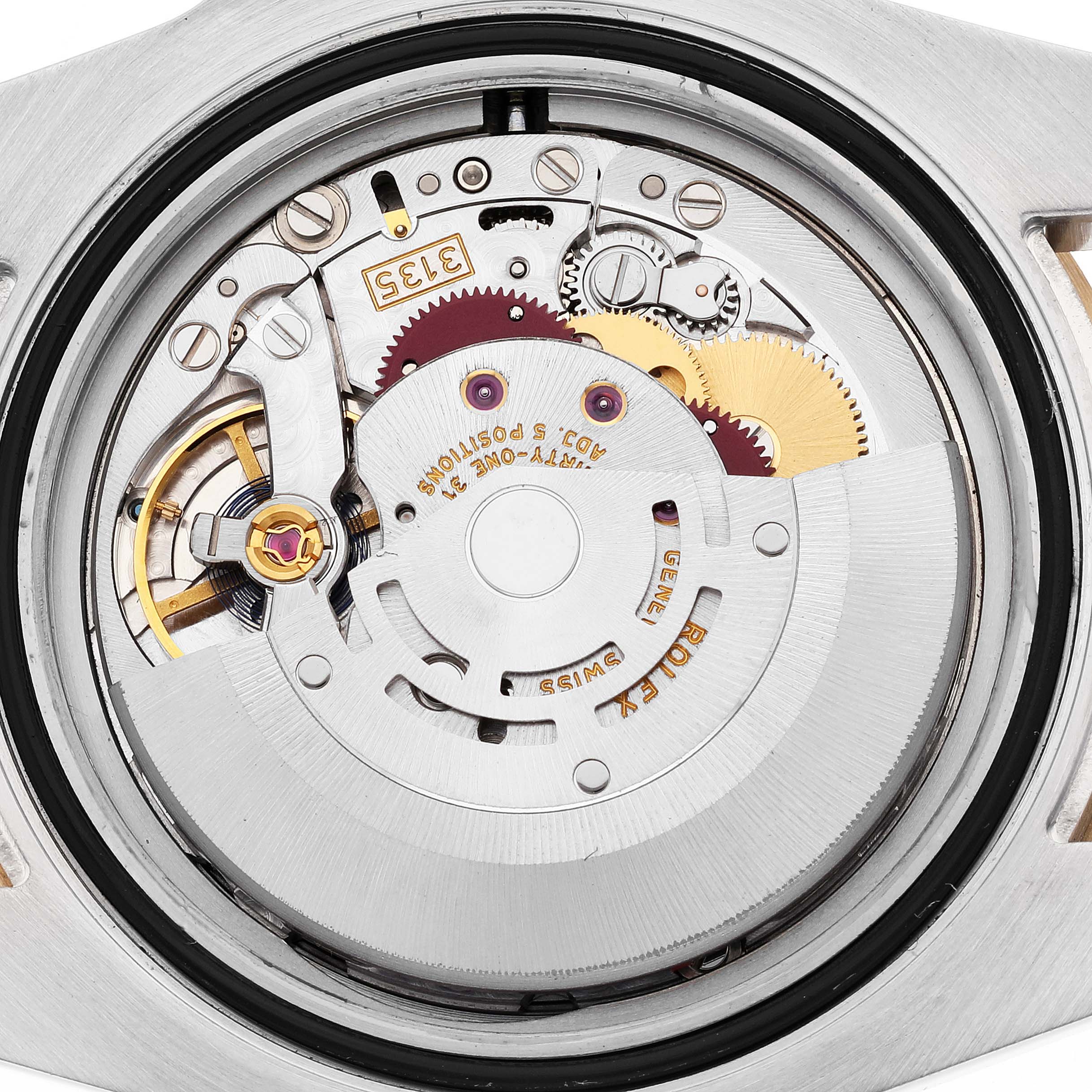 The image shows the back view of the Rolex Submariner 116613 Men's Steel and Gold (two tone) Blue Dial 116613 Men's Steel and Gold (two tone) Blue Dial watch, highlighting its exposed automatic movement mechanism.