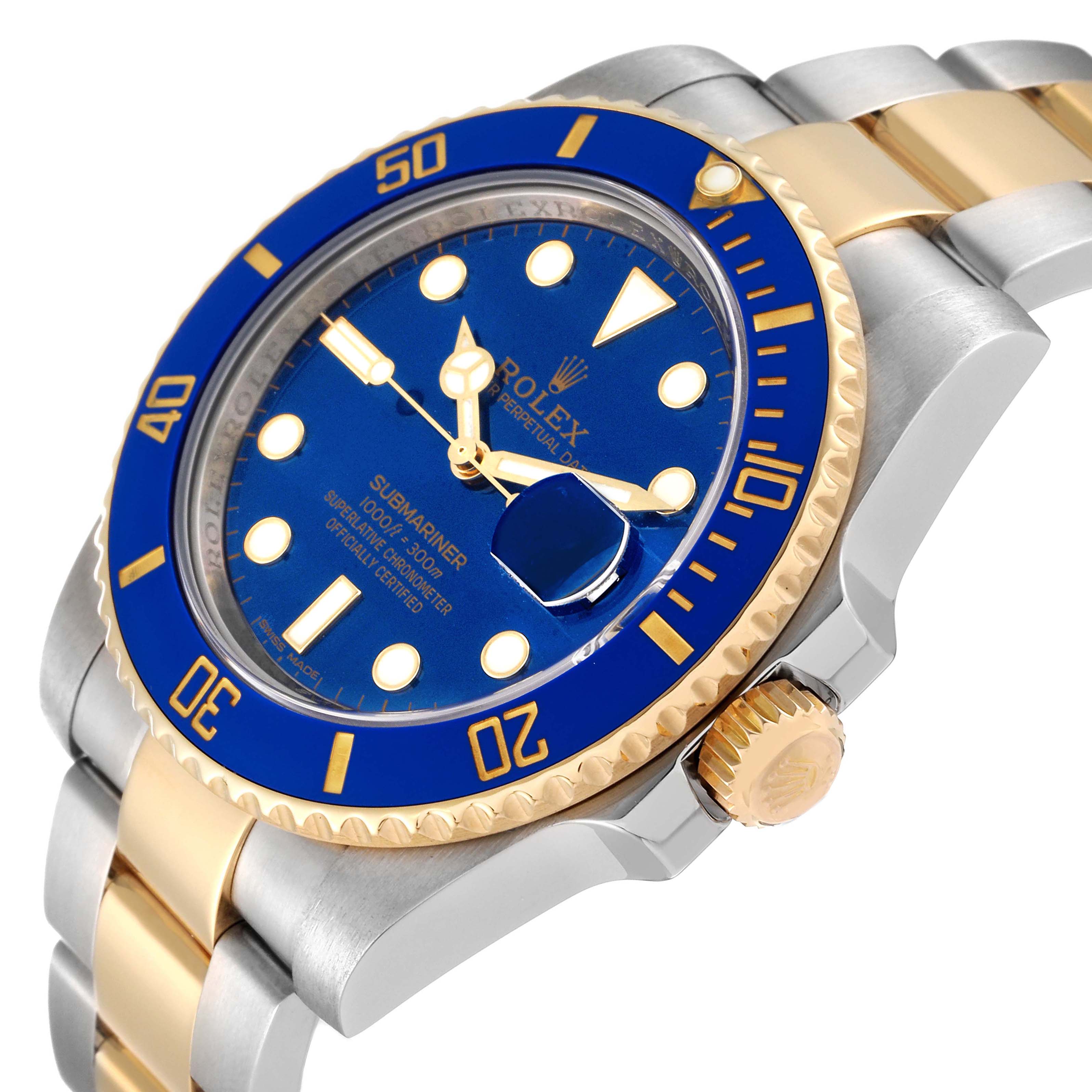 The image shows a Rolex Submariner 116613 Men's Steel and Gold (two tone) Blue Dial 116613 Men's Steel and Gold (two tone) Blue Dial watch at an angled side view, highlighting the blue dial, two-tone bracelet, and bezel.