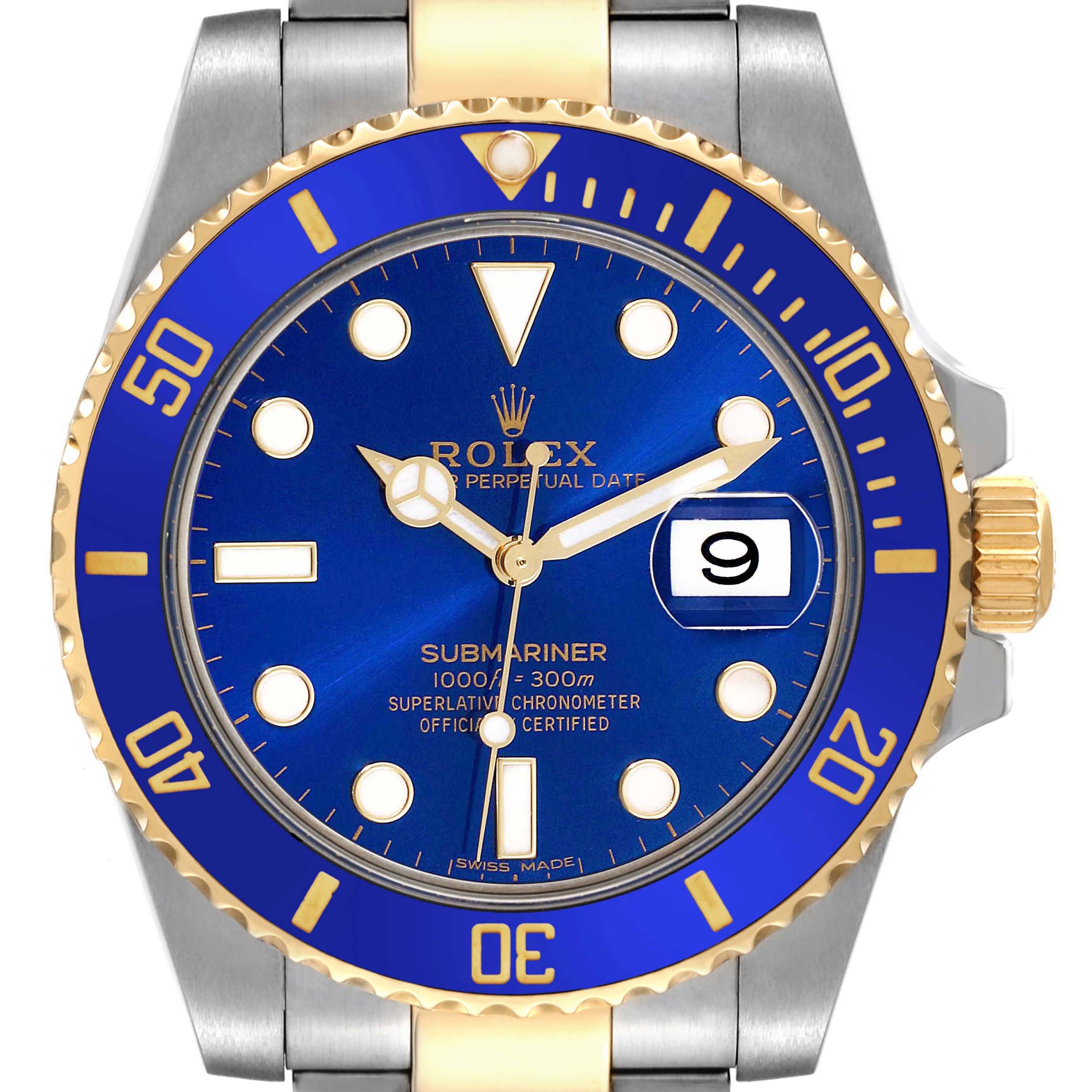 The image shows a front view of a Rolex Submariner 116613 Men's Steel and Gold (two tone) Blue Dial 116613 Men's Steel and Gold (two tone) Blue Dial watch, highlighting its blue dial, gold accents, and date display.