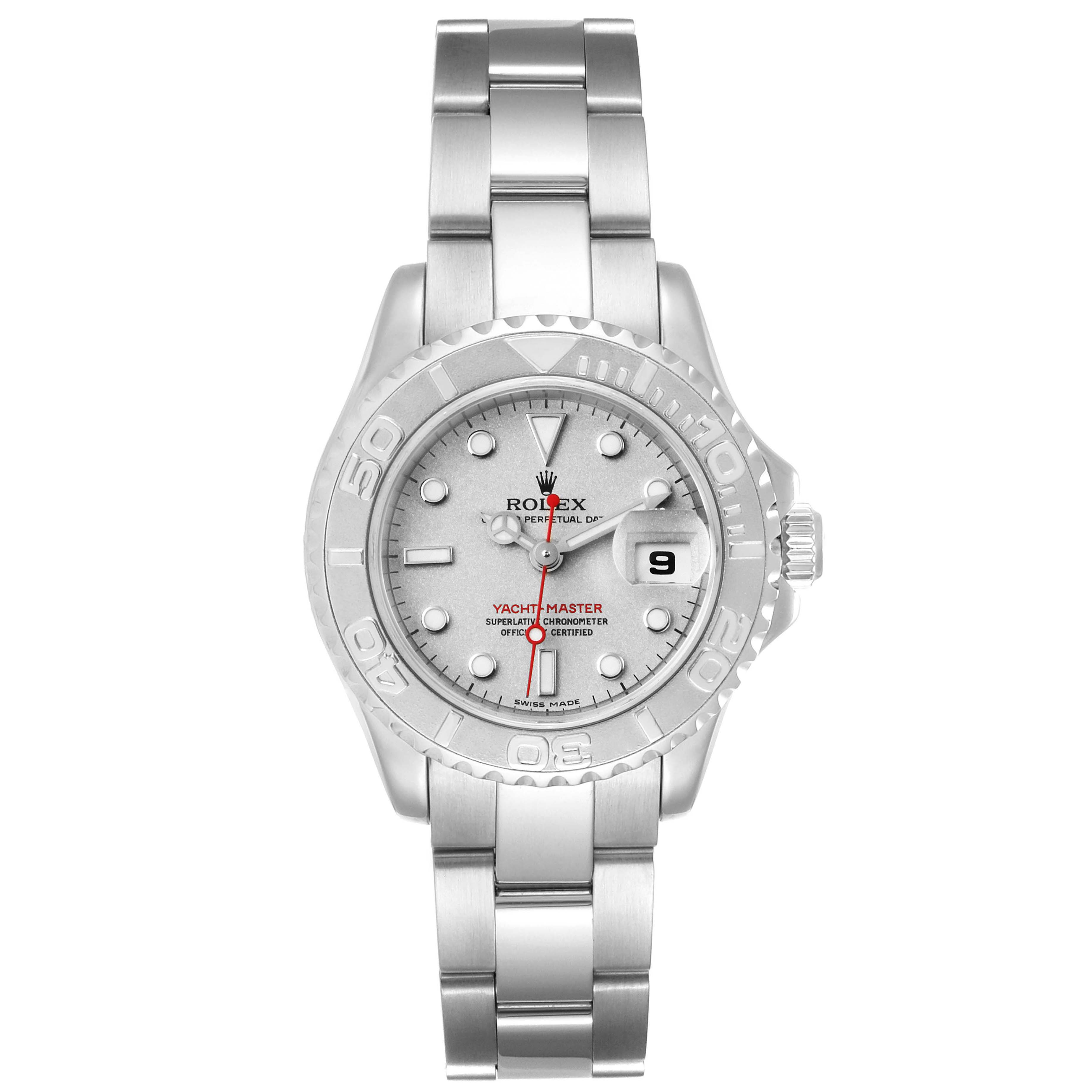 The image shows a front view of the Rolex Yacht-Master 169622 Women's Stainless Steel Silver Dial 169622 Women's Stainless Steel Silver Dial watch, displaying its face, bezel, crown, and stainless steel bracelet.