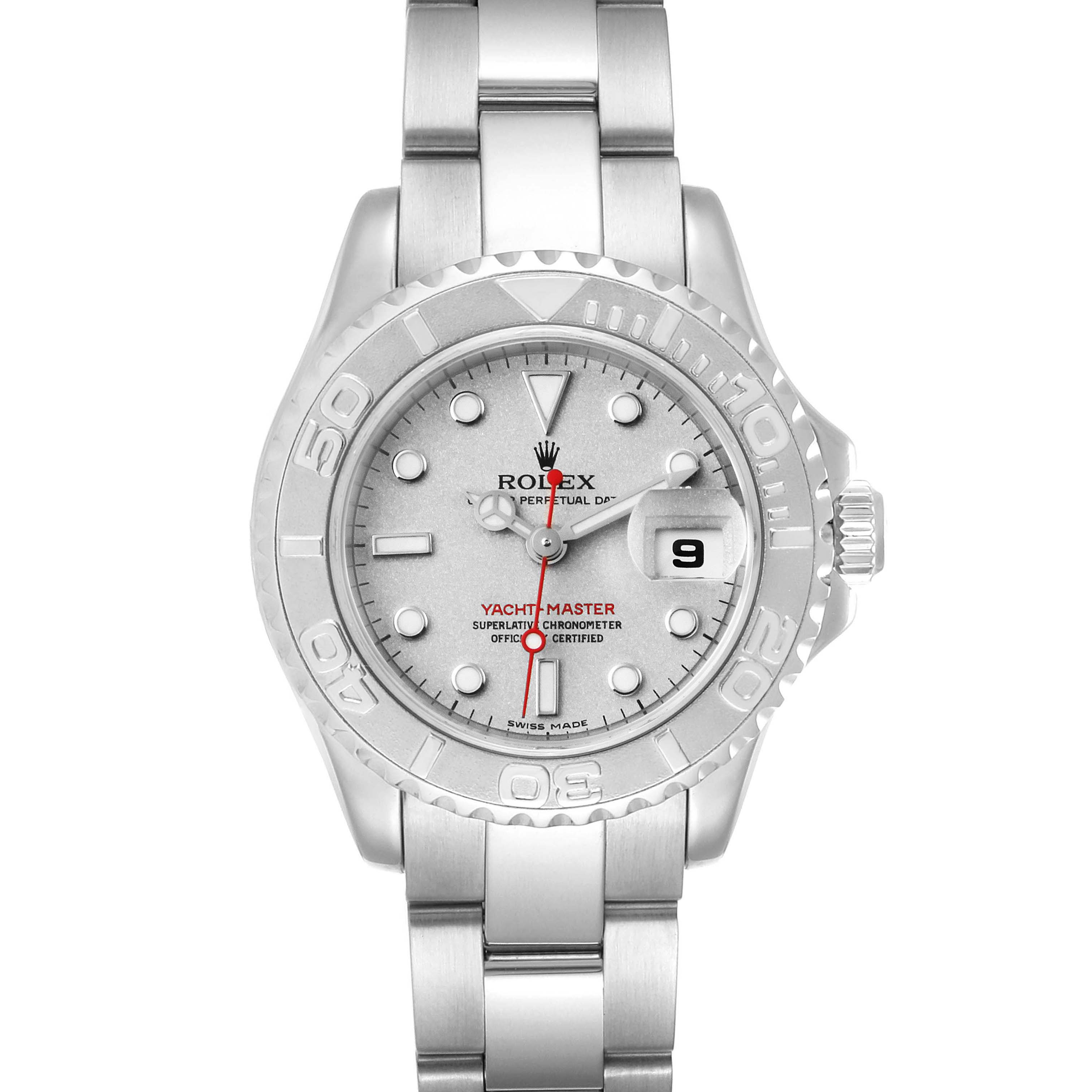 This image shows a Rolex Yacht-Master 169622 Women's Stainless Steel Silver Dial 169622 Women's Stainless Steel Silver Dial watch from a front angle, featuring the dial, bezel, hands, and bracelet.
