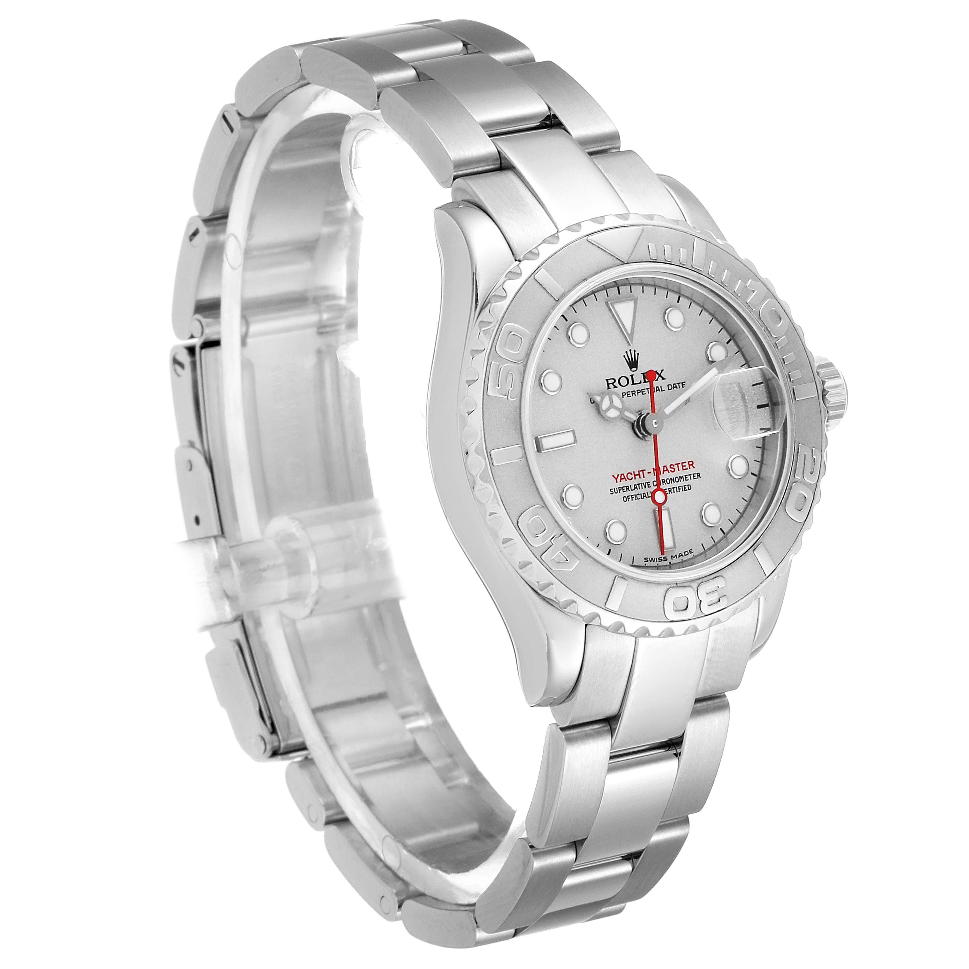 This image shows a side angle of a Rolex Yacht-Master 169622 Women's Stainless Steel Silver Dial 169622 Women's Stainless Steel Silver Dial watch displaying its silver bracelet and dial.