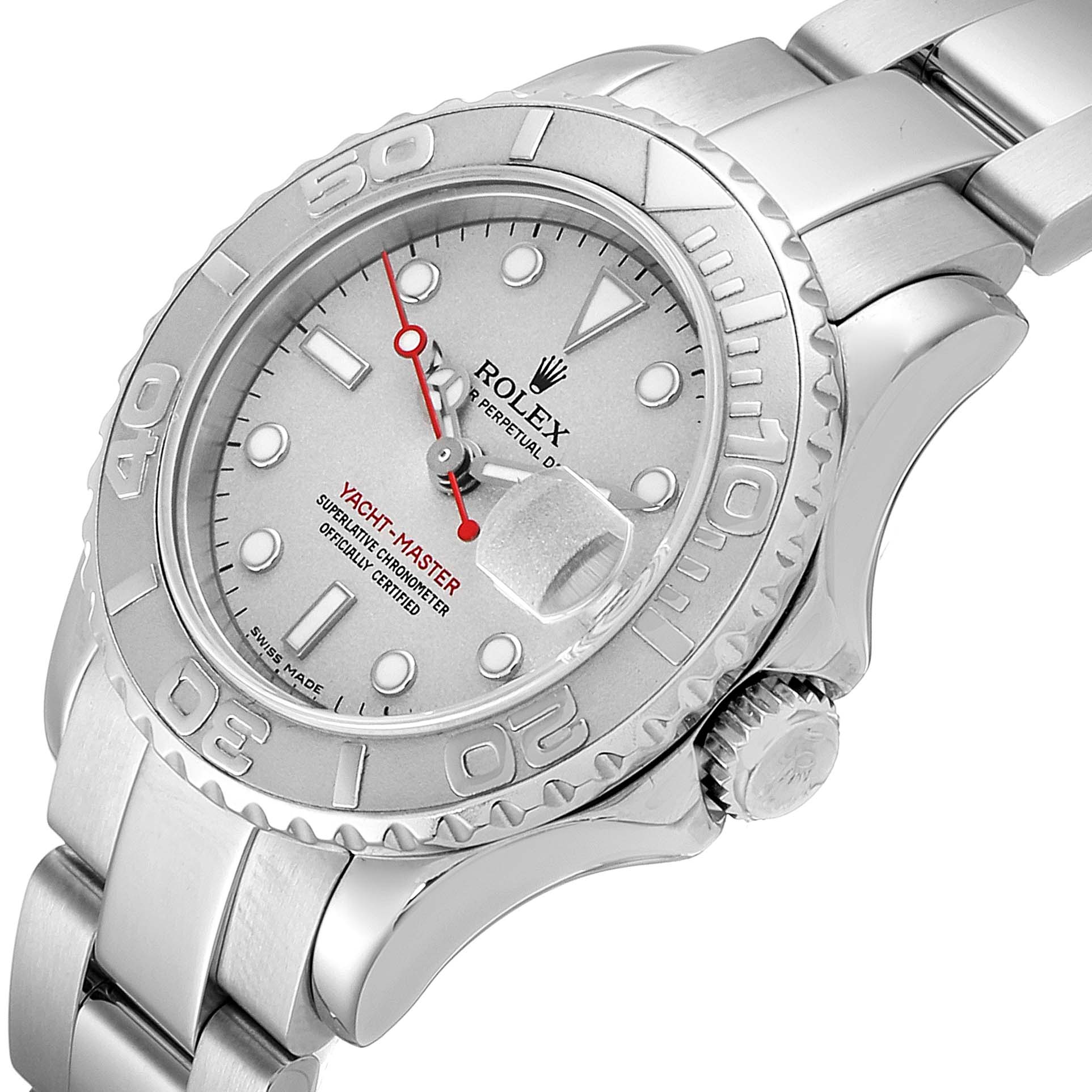 The Rolex Yacht-Master 169622 Women's Stainless Steel Silver Dial 169622 Women's Stainless Steel Silver Dial watch is shown at an angle highlighting the dial, bezel, crown, and part of the bracelet.