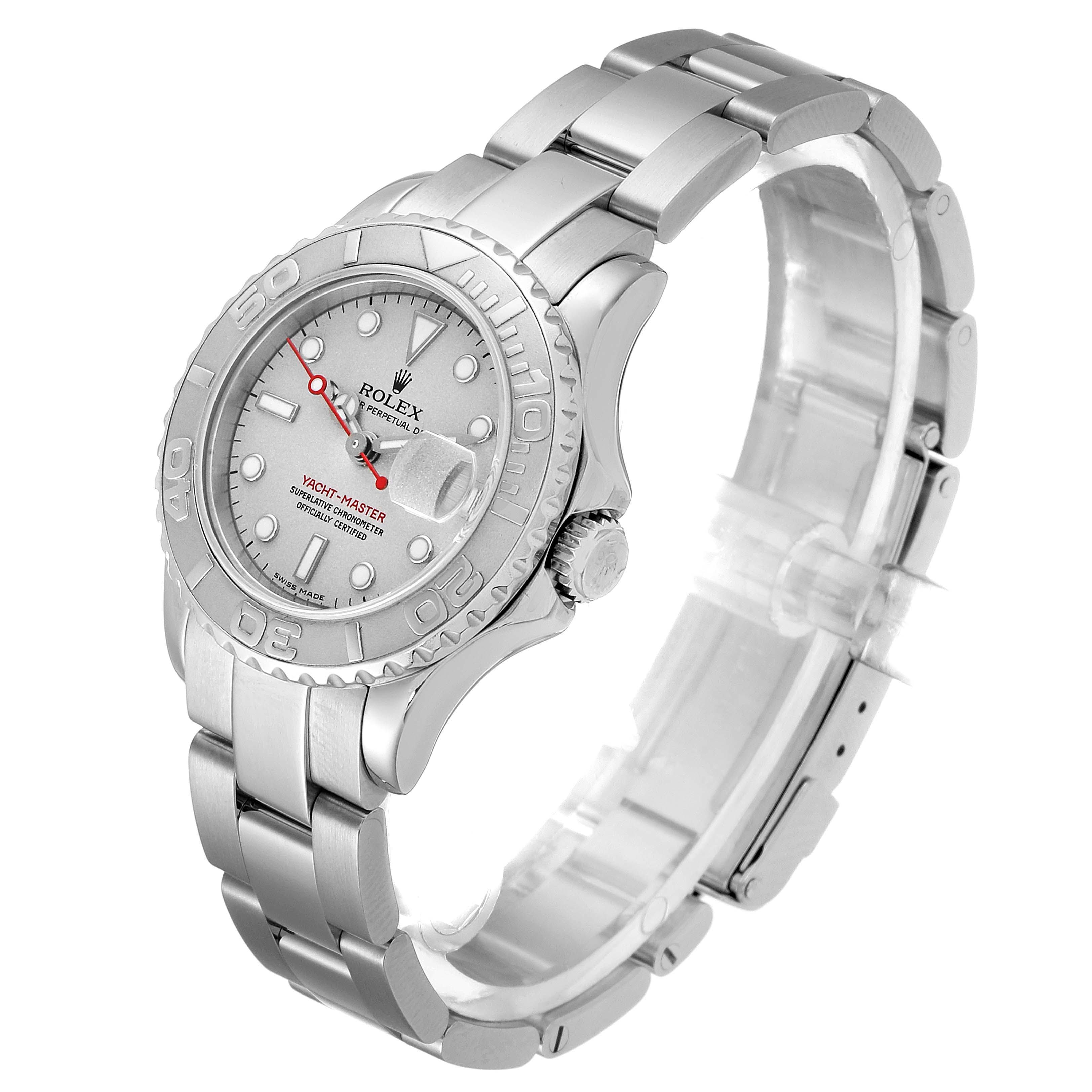 The image shows a side-angle view of a Rolex Yacht-Master 169622 Women's Stainless Steel Silver Dial 169622 Women's Stainless Steel Silver Dial watch, highlighting the silver bracelet and bezel.