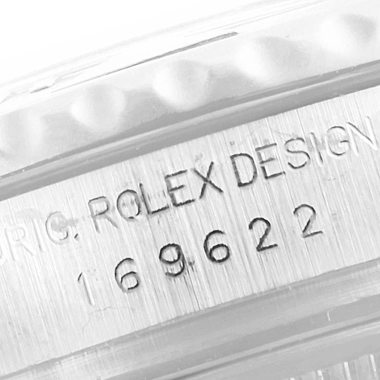 Close-up of the engraved side of a Rolex Yacht-Master 169622 Women's Stainless Steel Silver Dial 169622 Women's Stainless Steel Silver Dial watch, showing the model number and "ROLEX DESIGN" text.