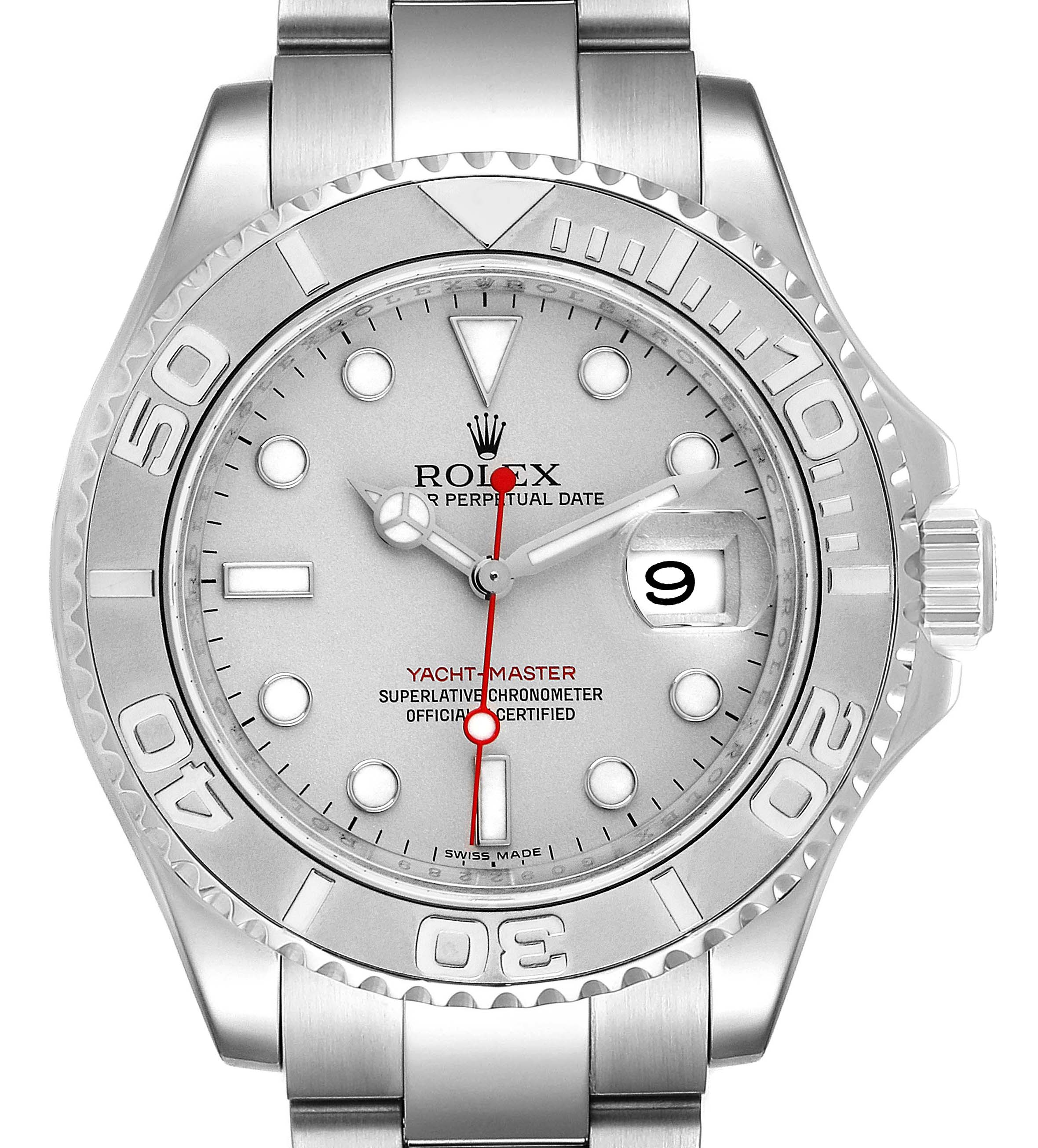 This image shows a close-up front view of the Rolex Yacht-Master 16622 Men
s Stainless Steel Silver Dial 16622 Men
s Stainless Steel Silver Dial watch, highlighting the dial, bezel, and bracelet links.