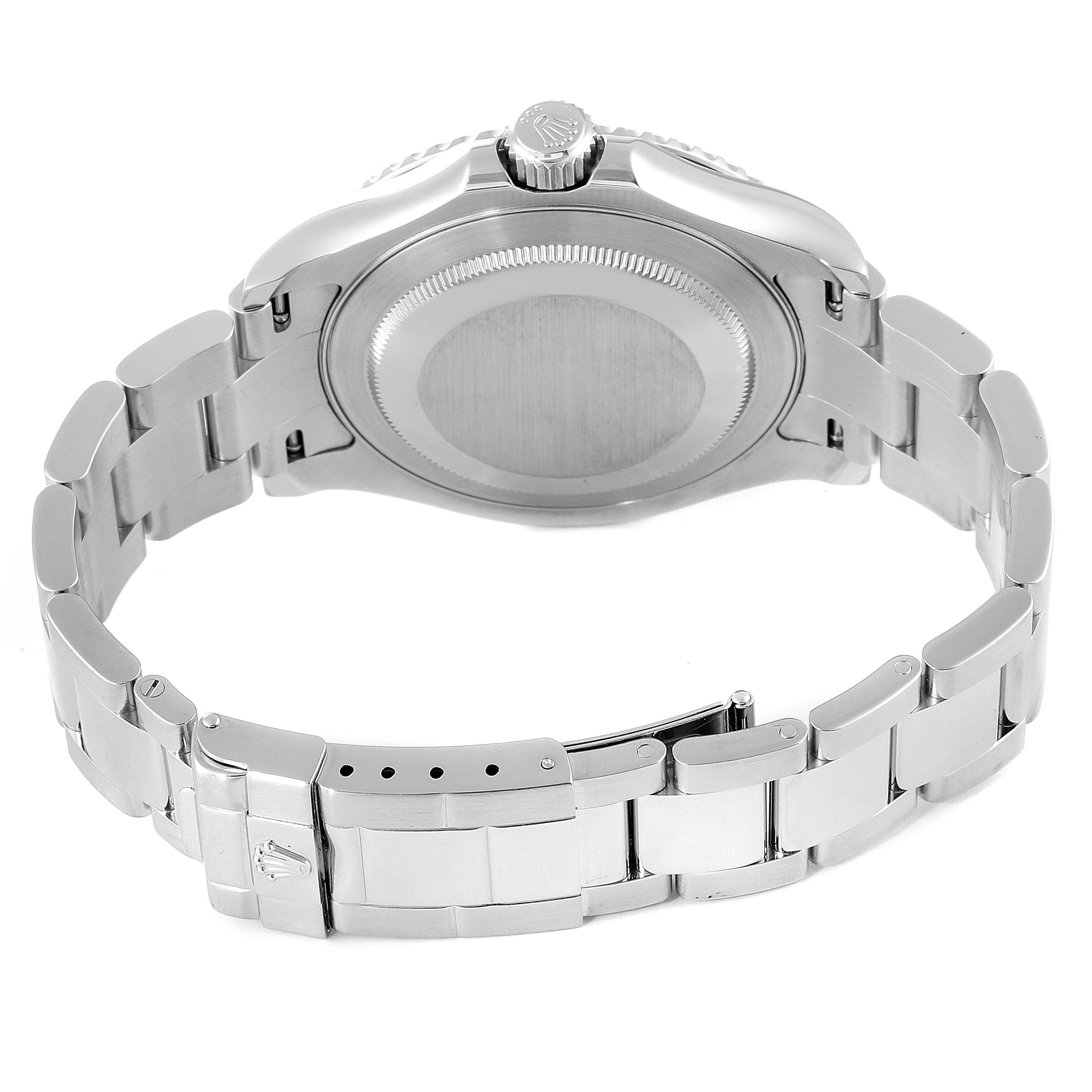 This image shows the back view of a Rolex Yacht-Master 16622 Men
s Stainless Steel Silver Dial 16622 Men
s Stainless Steel Silver Dial watch, highlighting its clasp, stainless steel bracelet, and case back.