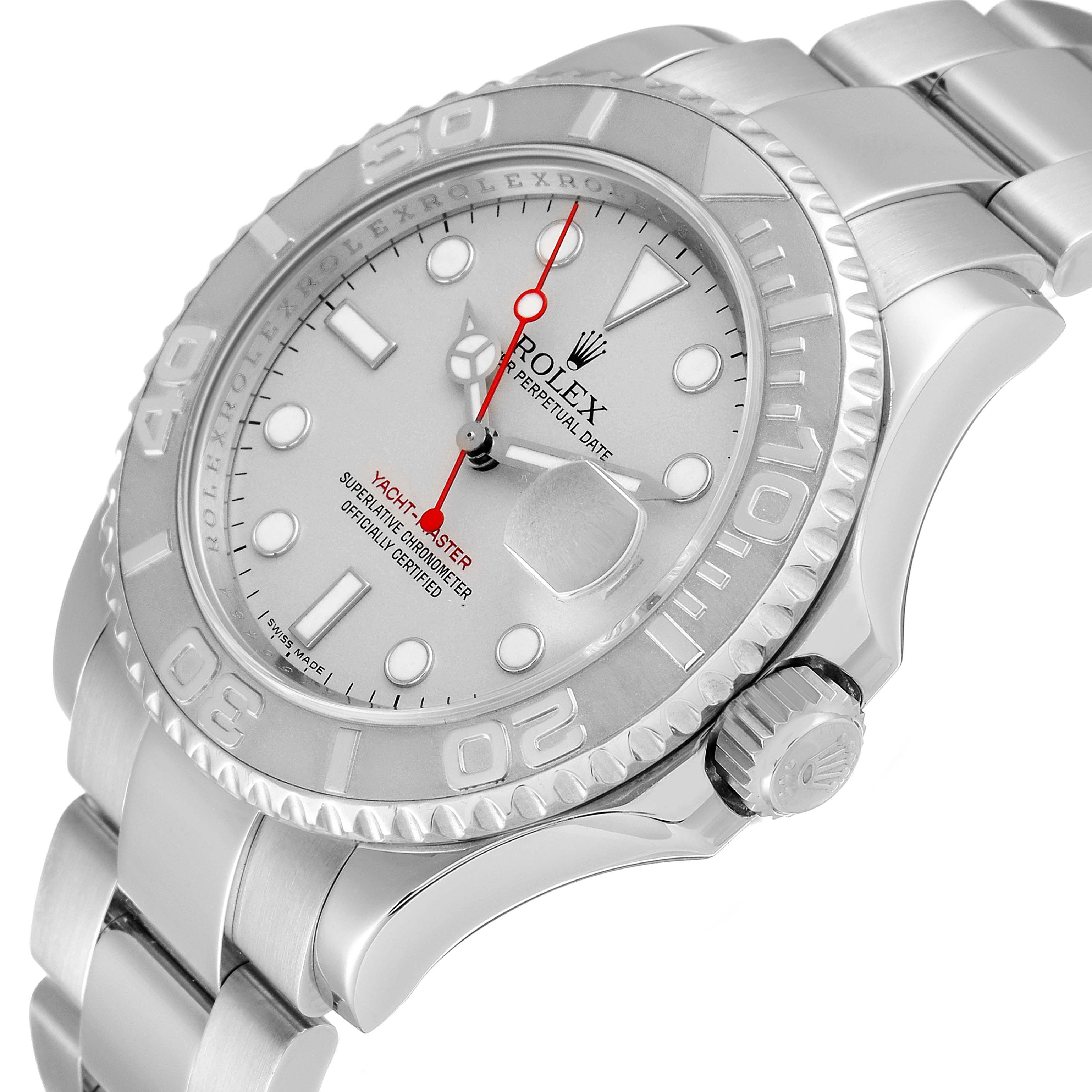 This image shows a top angled view of the Rolex Yacht-Master 16622 Men
s Stainless Steel Silver Dial 16622 Men
s Stainless Steel Silver Dial watch, focusing on the dial, bezel, and bracelet.