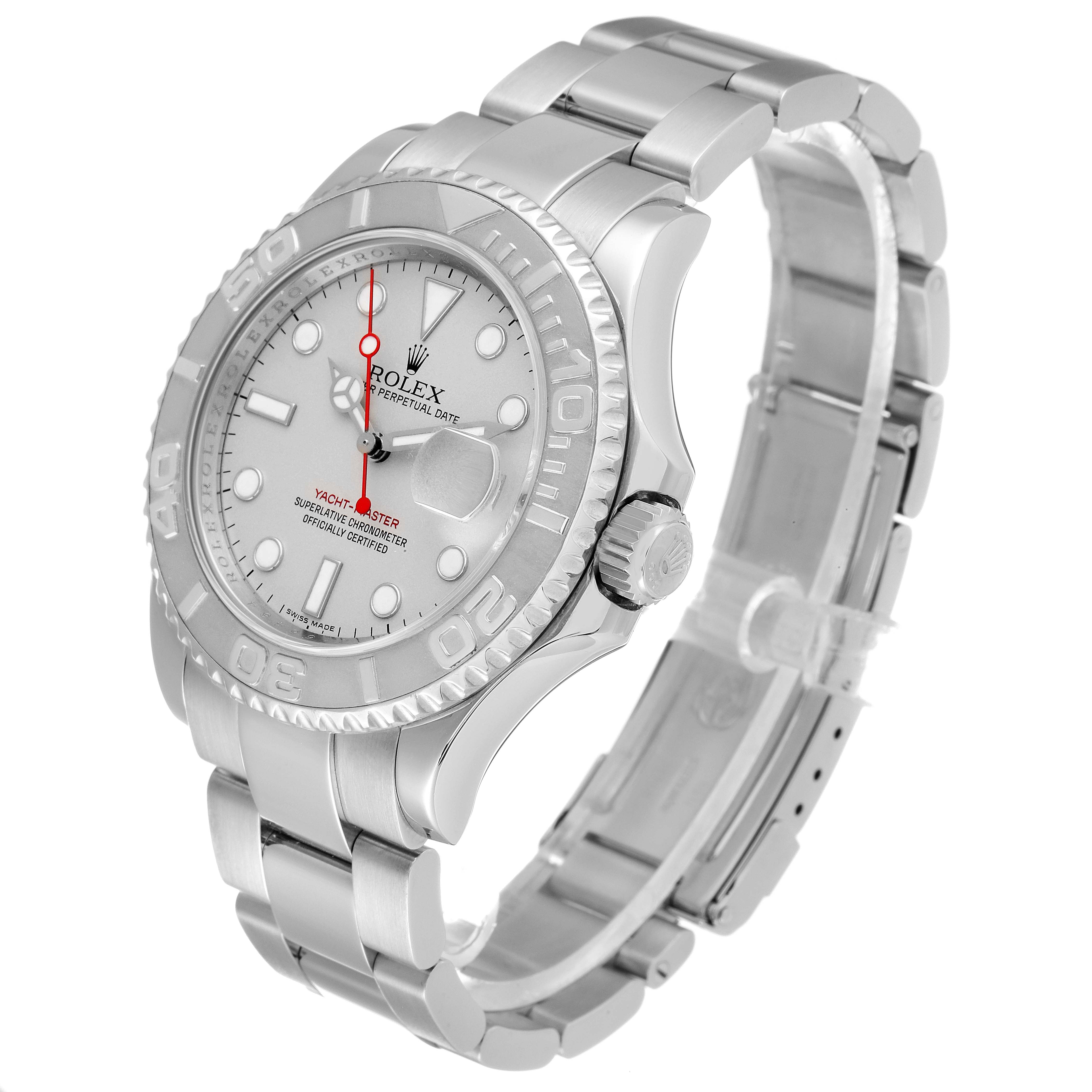 This image shows a side and front angle of the Rolex Yacht-Master 16622 Men
s Stainless Steel Silver Dial 16622 Men
s Stainless Steel Silver Dial watch, highlighting its dial, bezel, and bracelet.