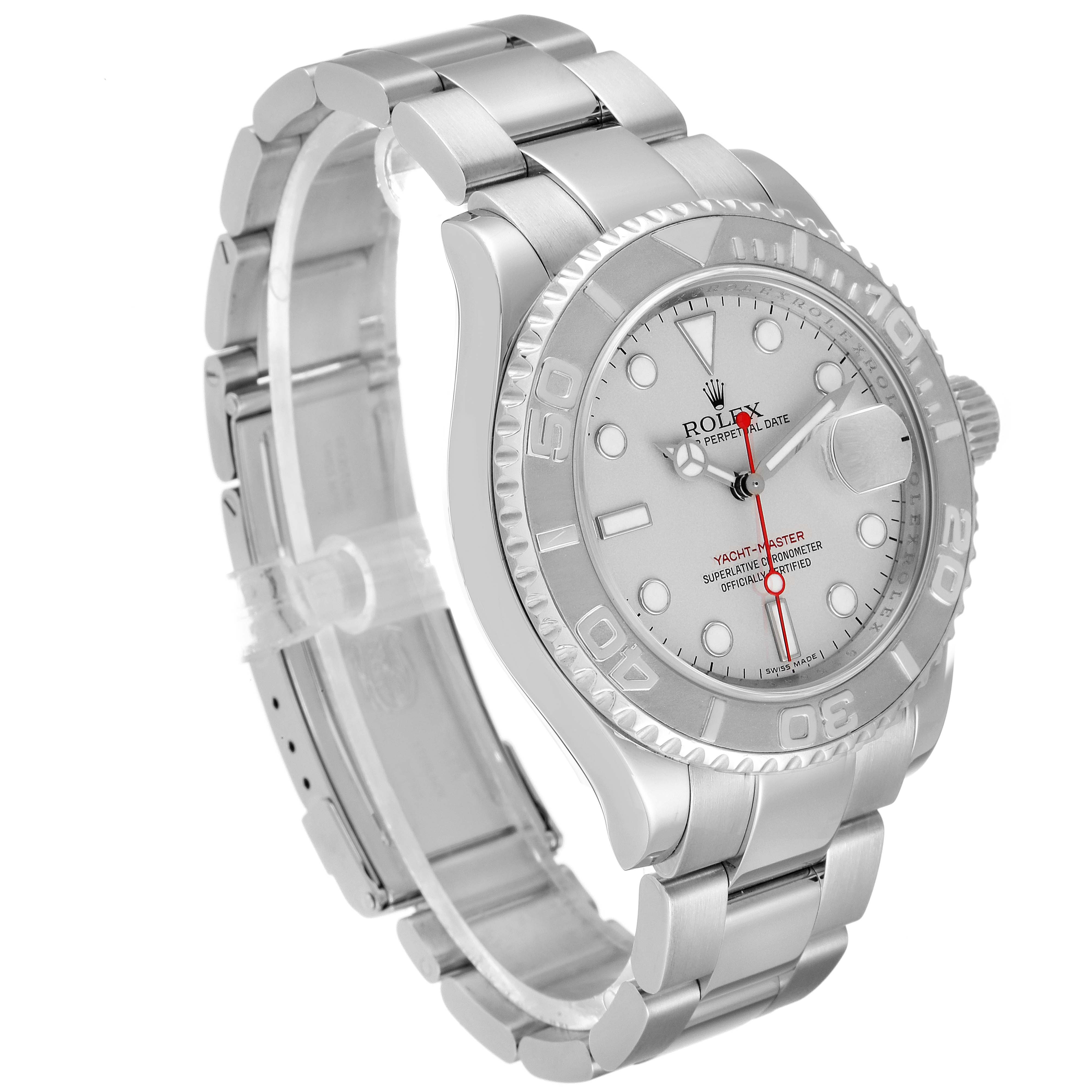 The Rolex Yacht-Master 16622 Men
s Stainless Steel Silver Dial 16622 Men
s Stainless Steel Silver Dial watch is shown at an angled side view, highlighting its dial, bezel, bracelet, and crown.