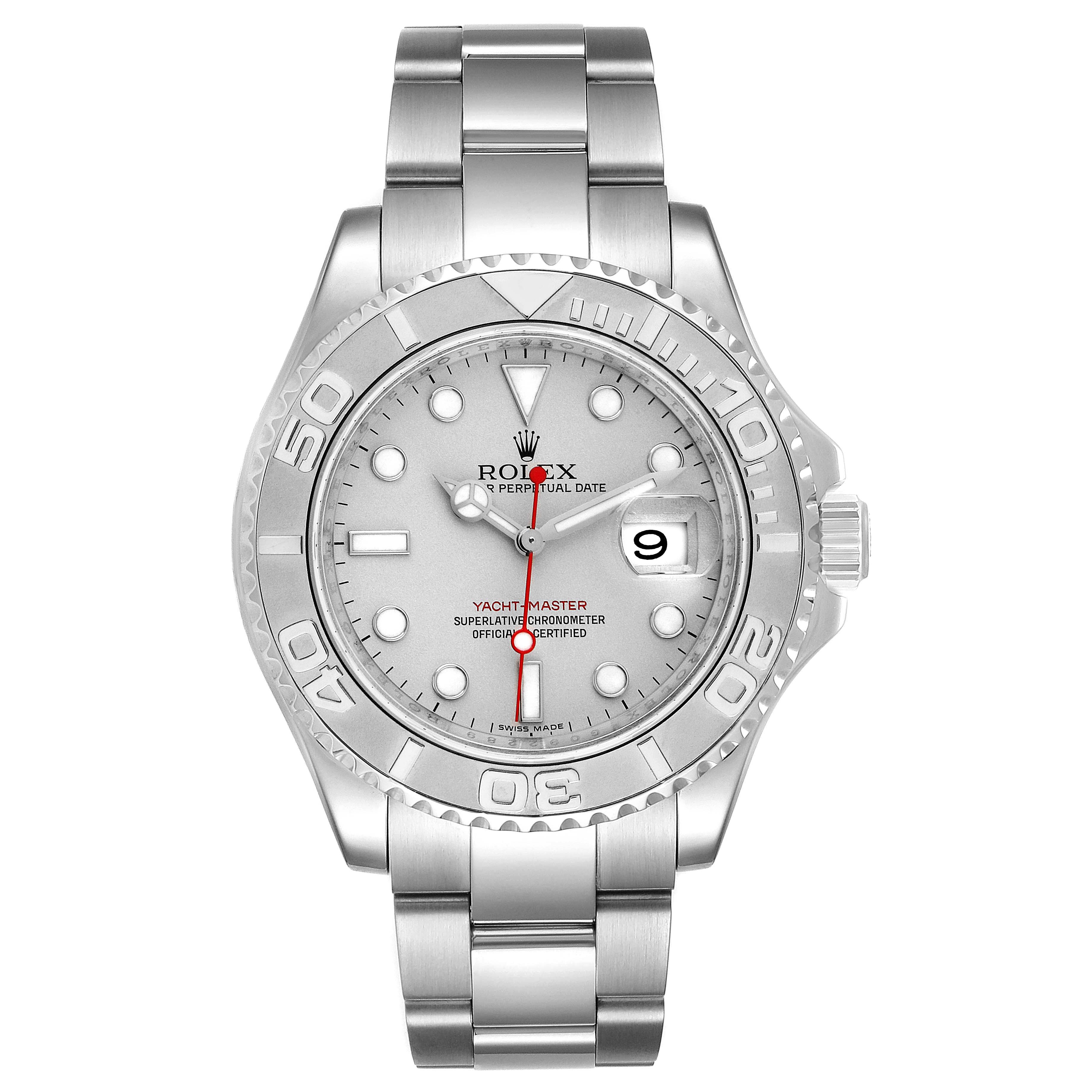 The image shows a front view of the Rolex Yacht-Master 16622 Men
s Stainless Steel Silver Dial 16622 Men
s Stainless Steel Silver Dial watch, highlighting its dial, bezel, and bracelet.