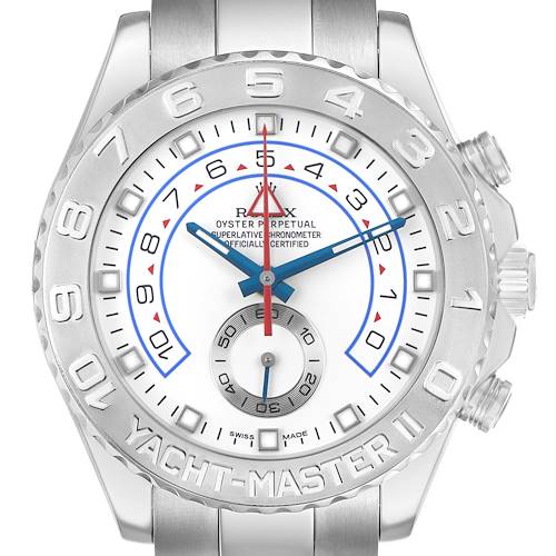 The Rolex Yacht-Master 116689 Men's White Gold White Dial watch is shown from a front angle, highlighting the bezel, dial, hands, and crown.