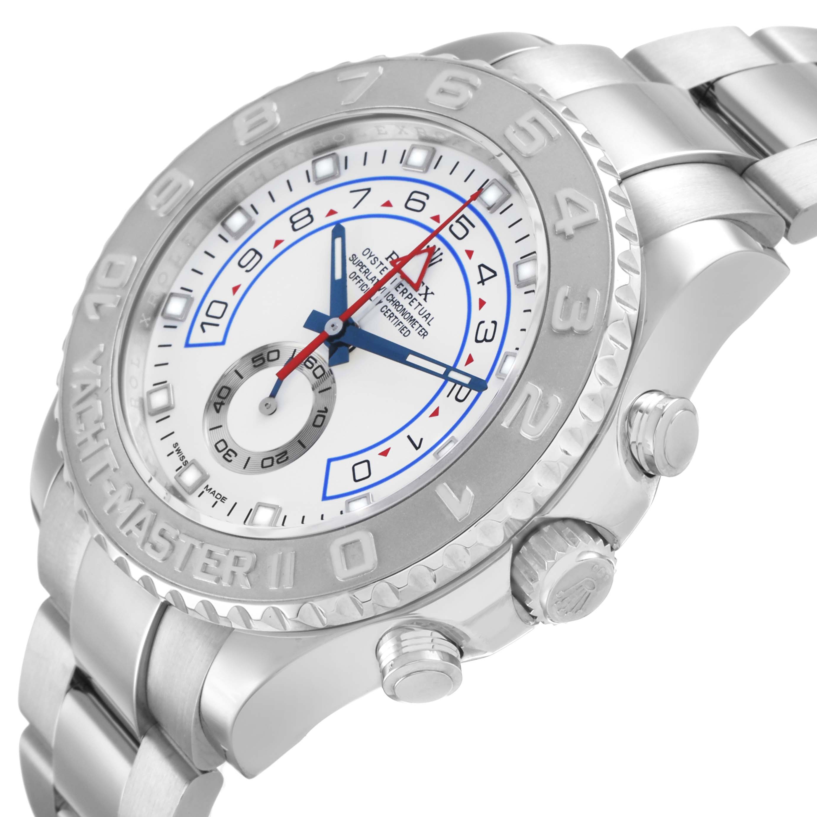 The Rolex Yacht-Master 116689 Men's White Gold White Dial watch is shown at an angle highlighting the bezel, dial, crown, and part of the bracelet.