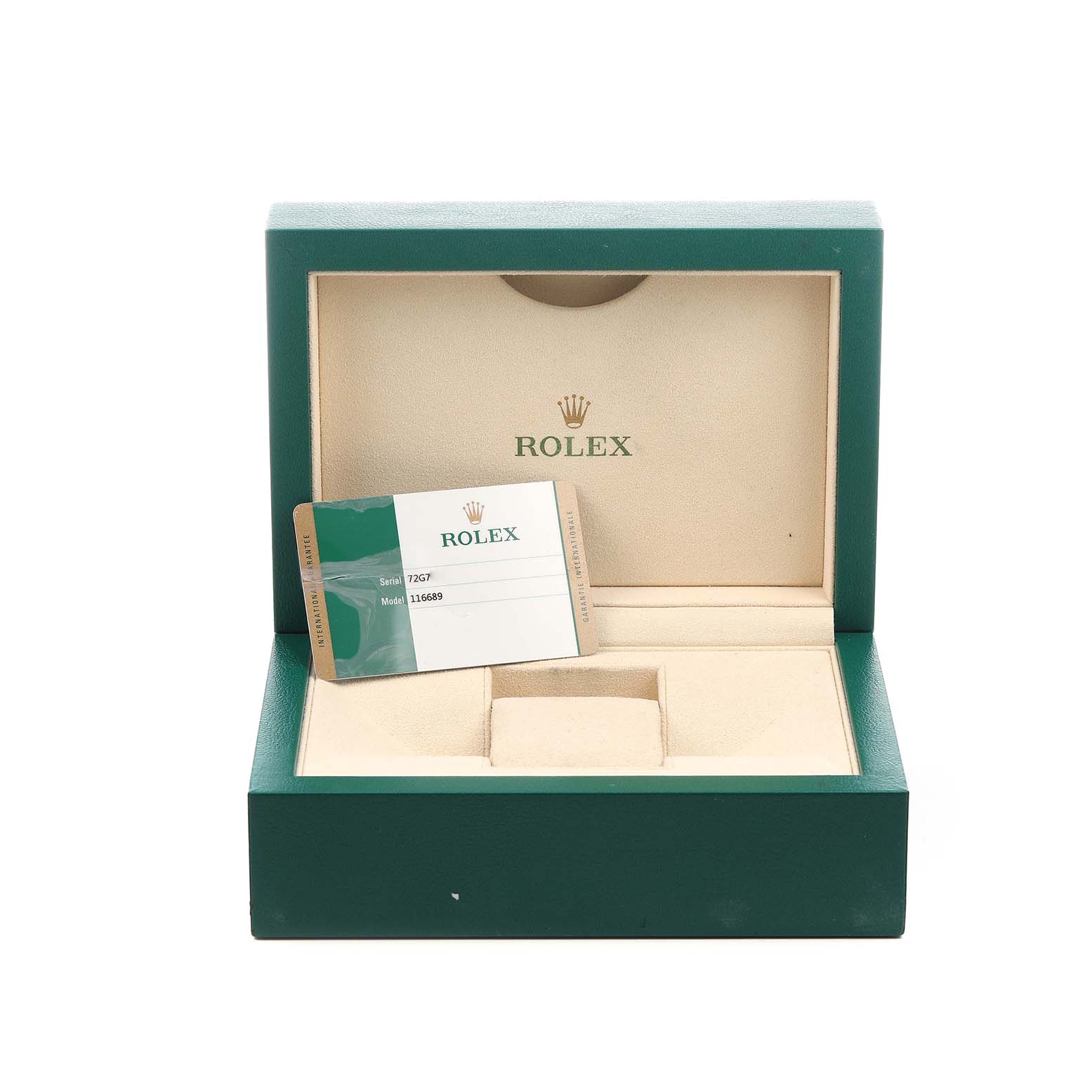 The image shows a Rolex Yacht-Master 116689 Men's White Gold White Dial box with a warranty card, seen from a front angle.