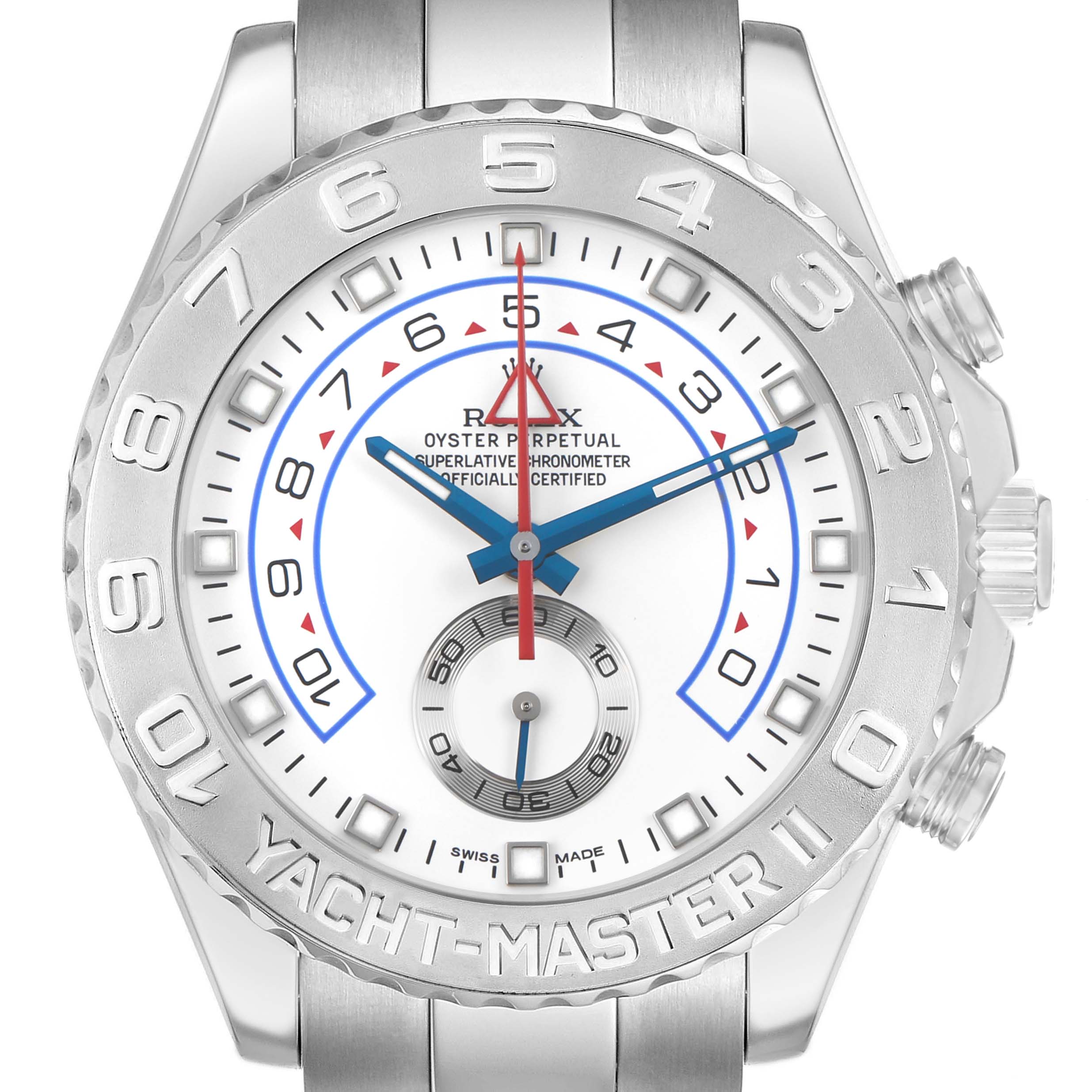 The image shows a front view of the Rolex Yacht-Master 116689 Men's White Gold White Dial watch, highlighting its bezel, dial, and hands.