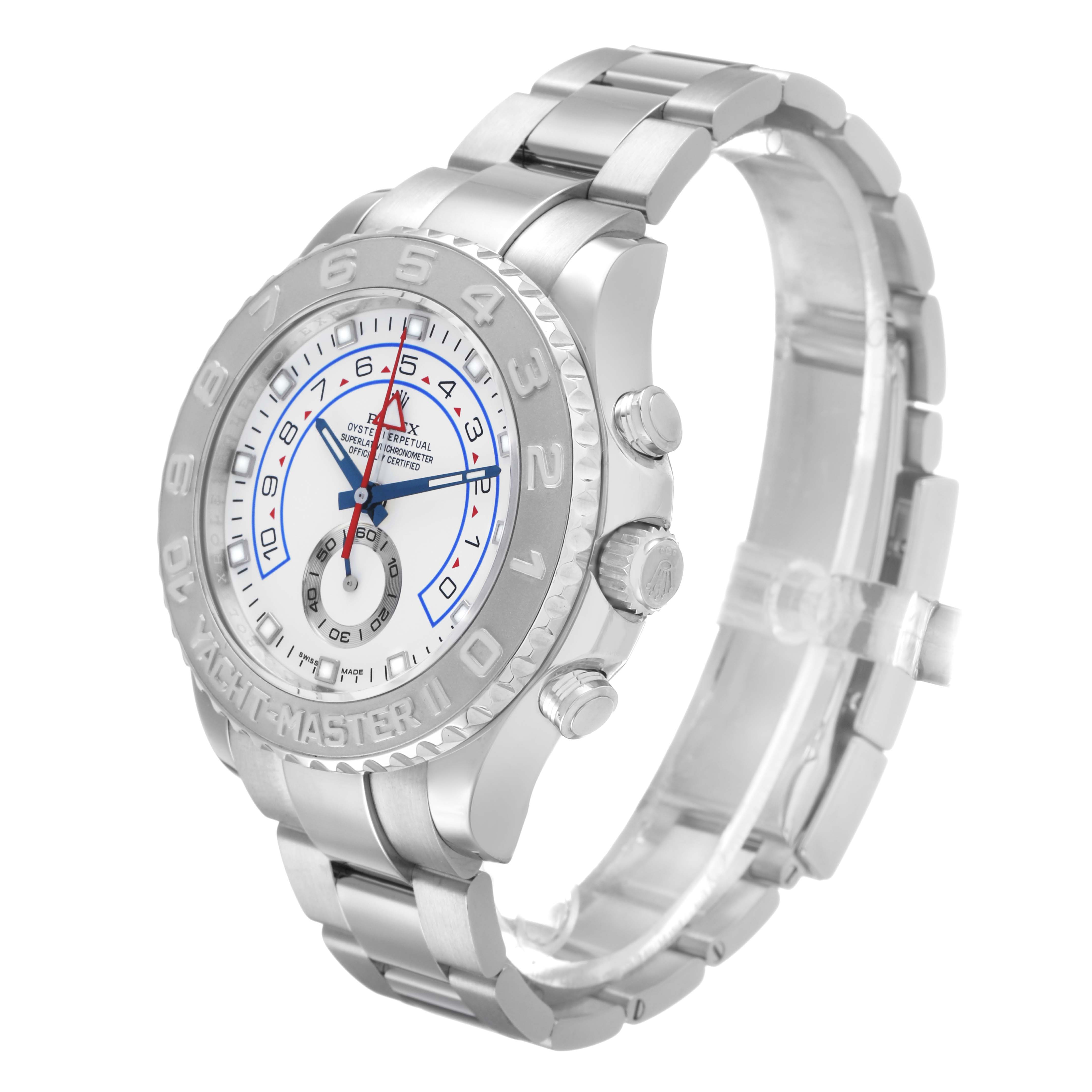 The Rolex Yacht-Master 116689 Men's White Gold White Dial watch is shown at a three-quarter angle highlighting the face, bezel, crown, and part of the bracelet.